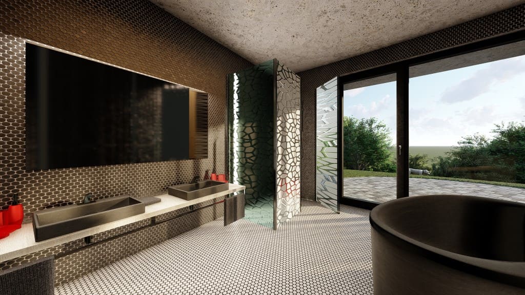 Bad eines Erdhauses mit sechseckigem Mosaik, sichtbarer Betondecke und Glastüren zur Terrasse mit Rasen.