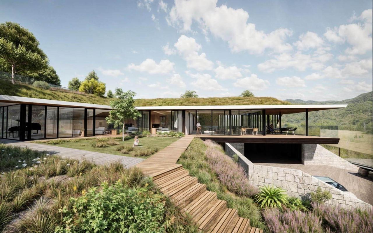 Casa interrata con facciata vetrata e terrazza in legno, il tetto erboso sale fino a un dosso piantumato sul retro