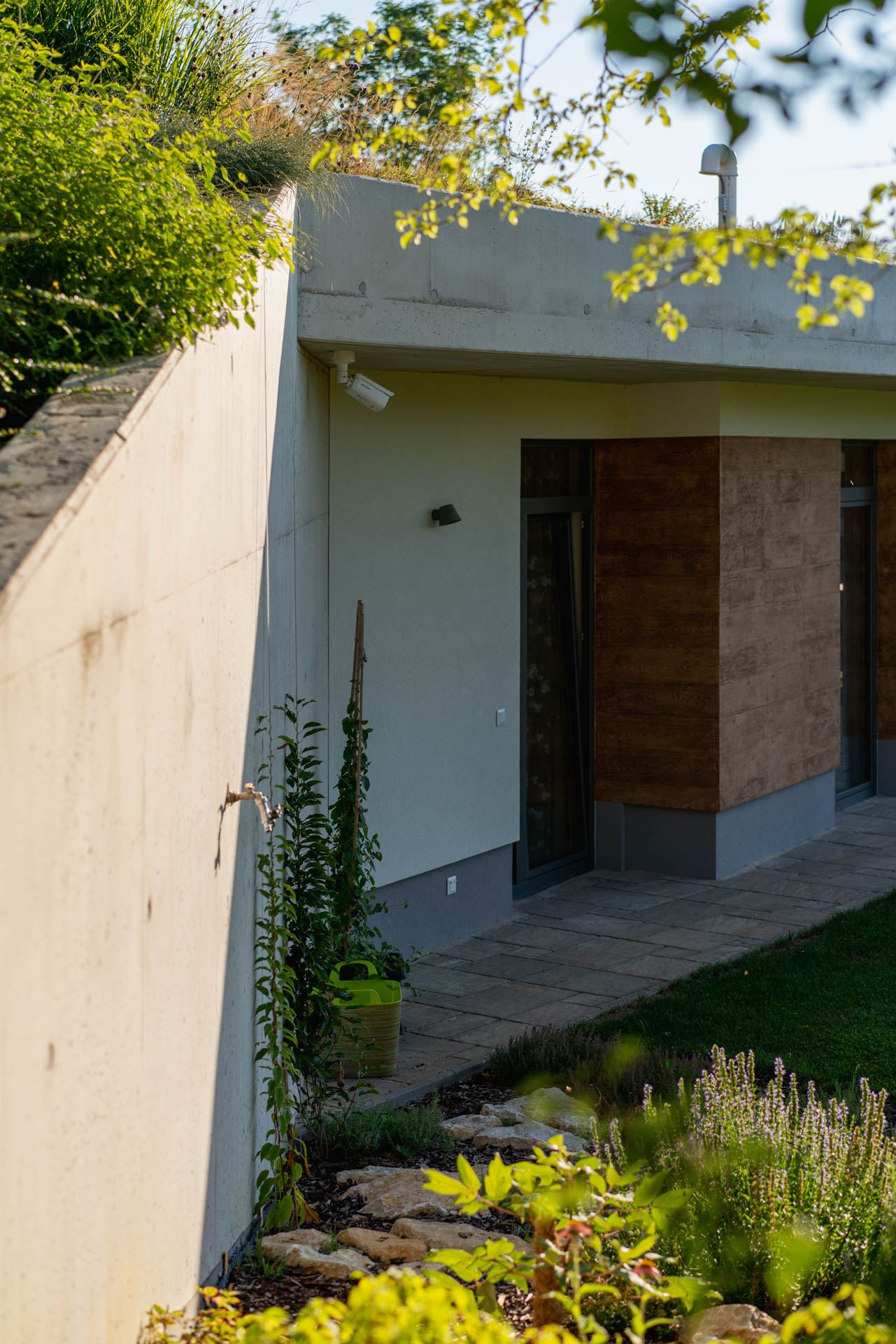 Earth-sheltered house in Nove Mesto nad Vahom, terrace beneath grassy roof edge, wood-clad corner and glazed doors.
