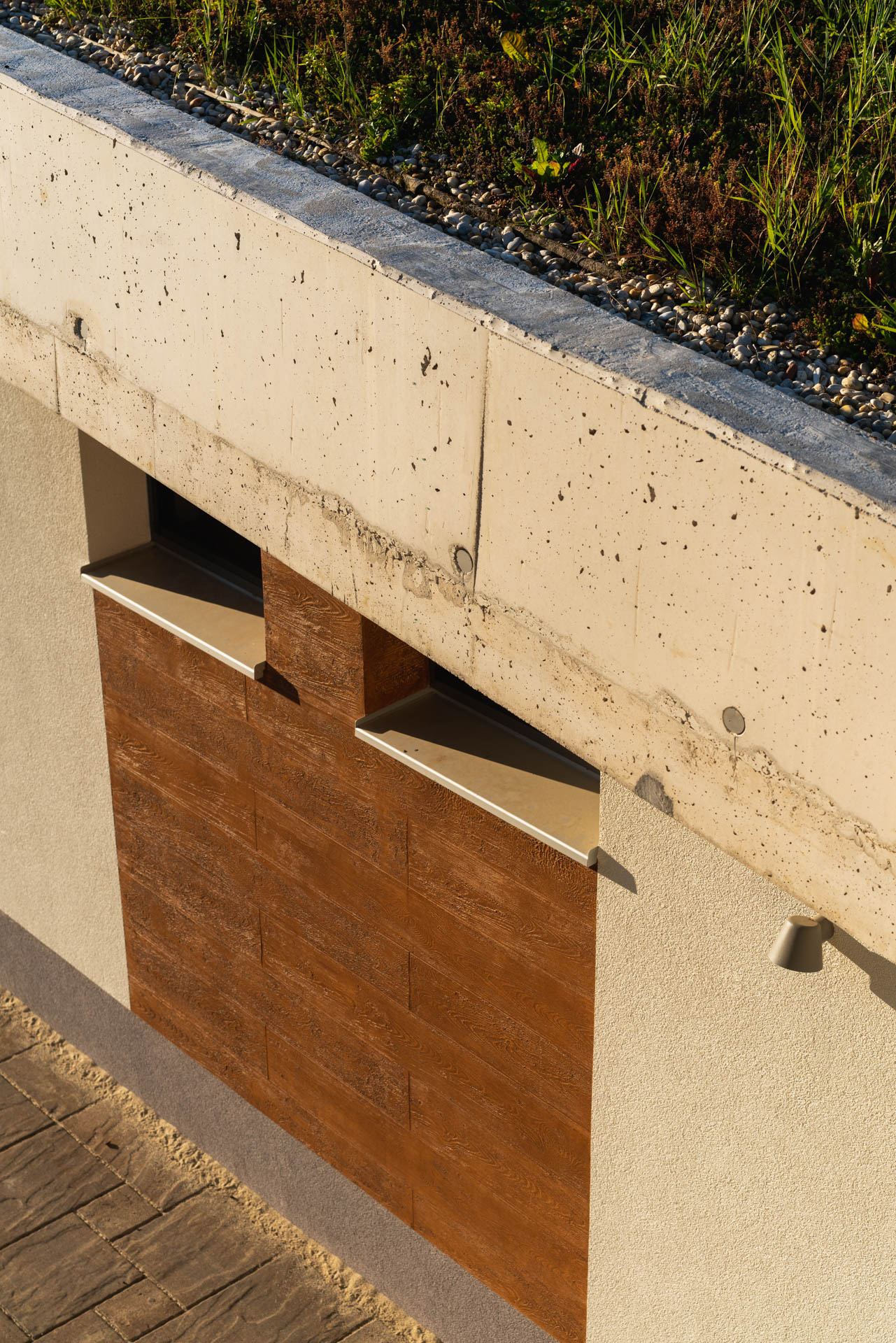 Facade corner of the earth-sheltered house in Nove Mesto nad Vahom, concrete roof edge above wood-look wall cladding.