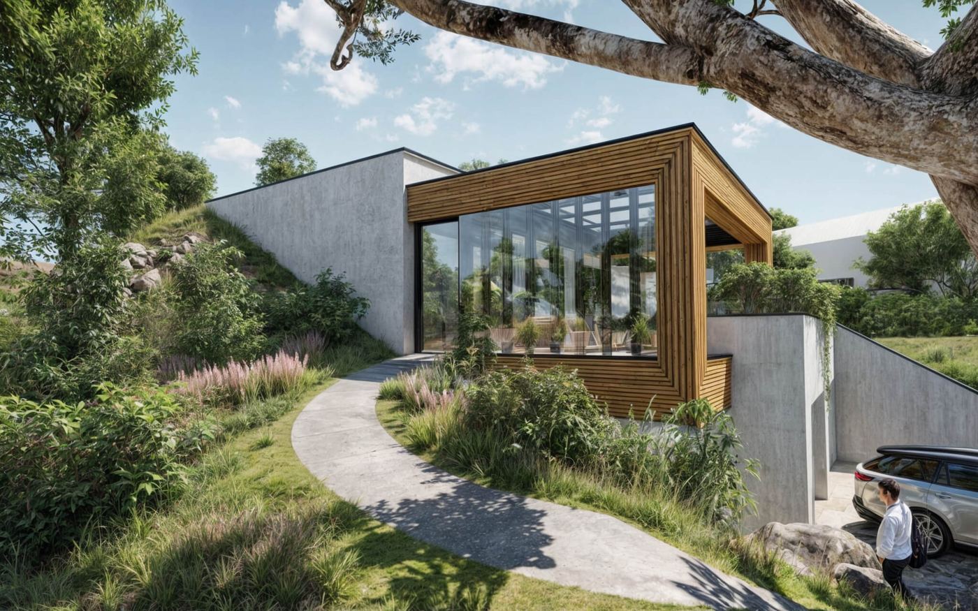 Earth-sheltered house in Trnava set into a grassy slope, curved path to a glazed entrance, man beside a car below.