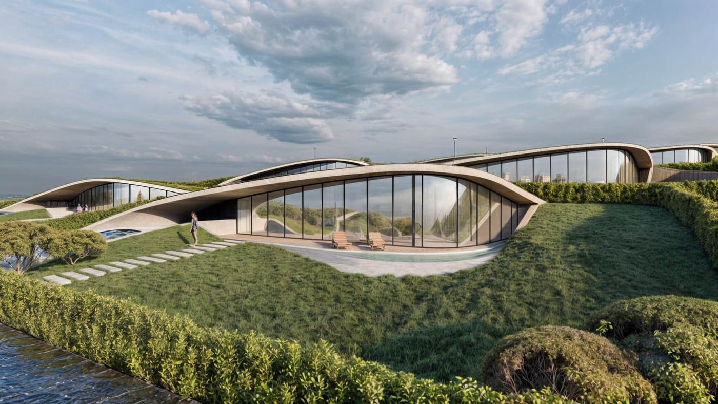 Row of earth-sheltered houses under grassy mounds, curved roofs lifting to glazed fronts and a terrace with a pool.