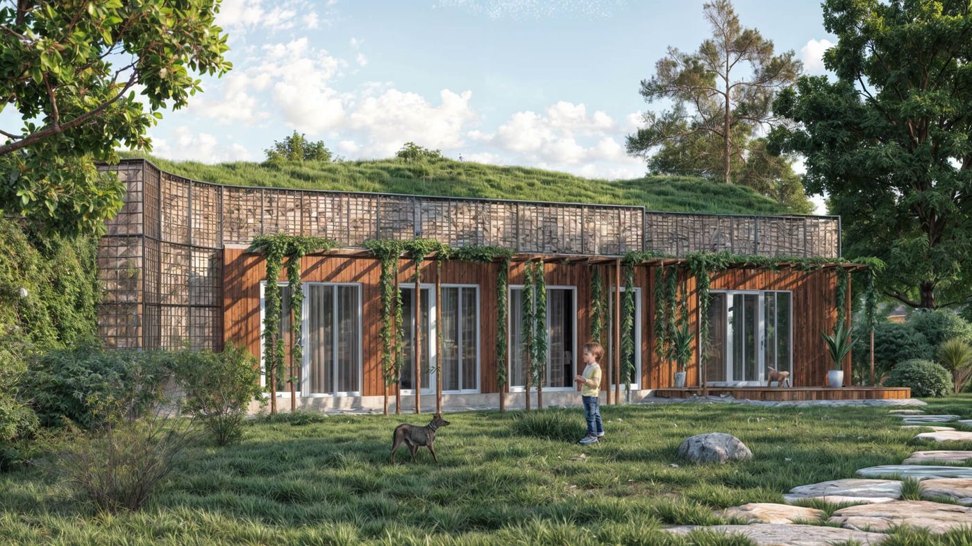 Earth-sheltered house Lubina with grassy roof sloping to a gabion wall, timber front, pergola, child and dog on lawn