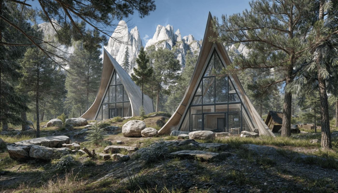 Two tent-shaped Chalet cabins with triangular glass fronts stand among boulders and pines below snowy peaks