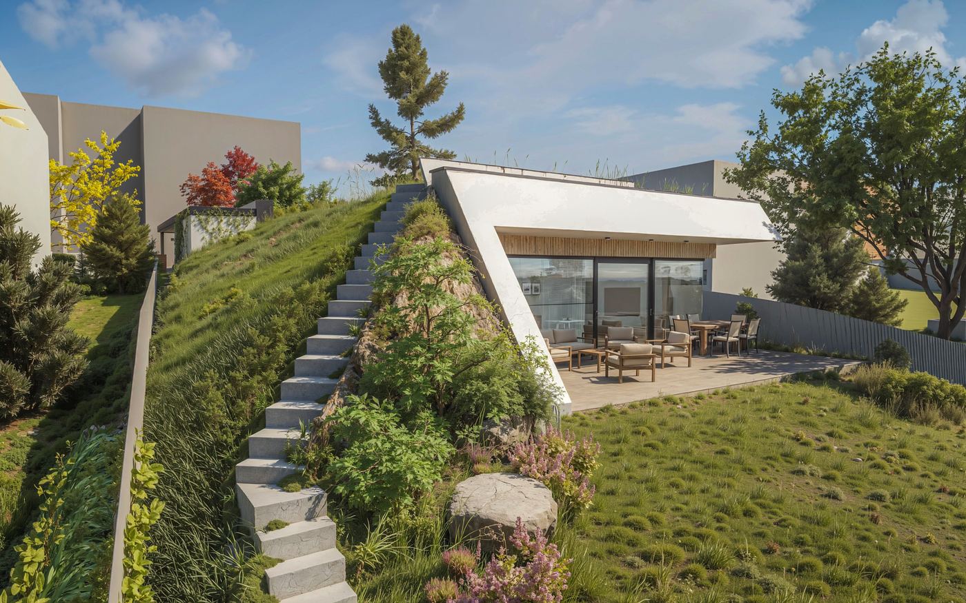 Earth-sheltered house in Bratislava set into a grassy slope, concrete steps beside a green roof lead up past wildflowers