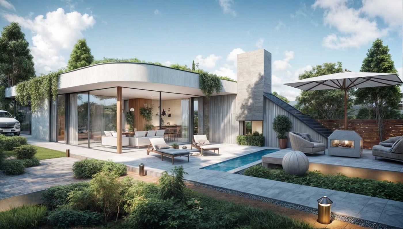 Rendering of the Top Home earth-sheltered house, planted roof edge over a terrace with pool and loungers