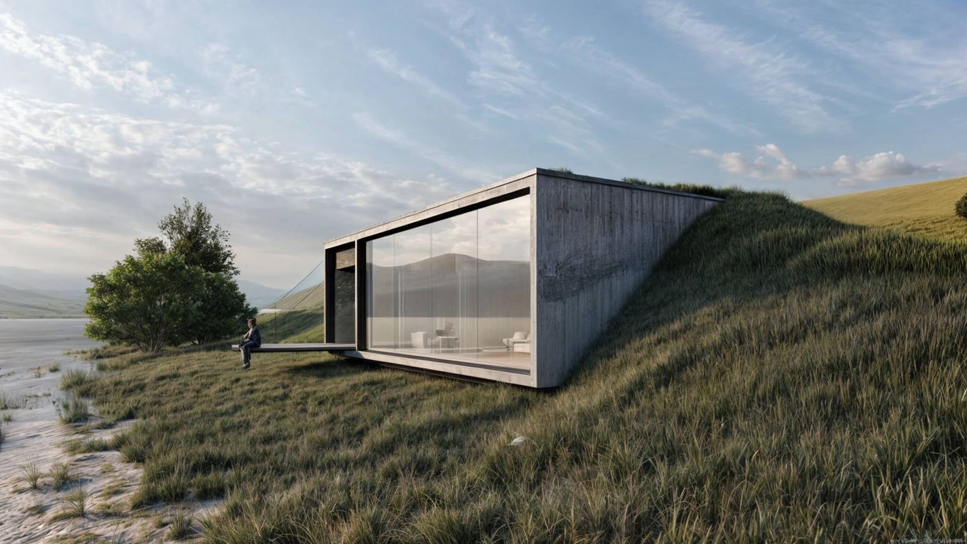 Earth-sheltered house in Bytca with grass-covered roof blending into hillside, person sitting on wooden deck by entrance