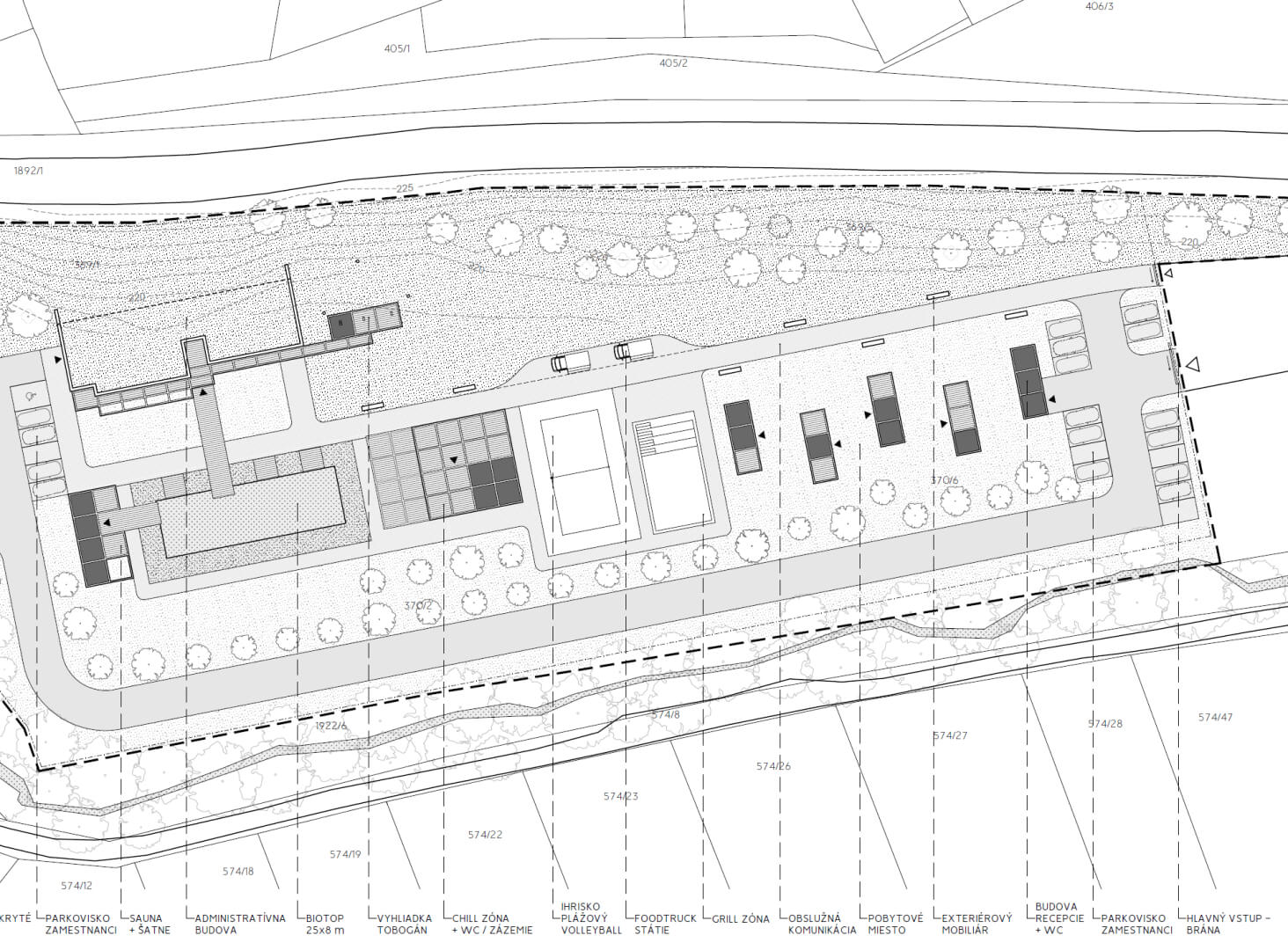 Site plan of the Zlín office study: parking, sauna, biotope pool, viewing platform, volleyball court and paths.
