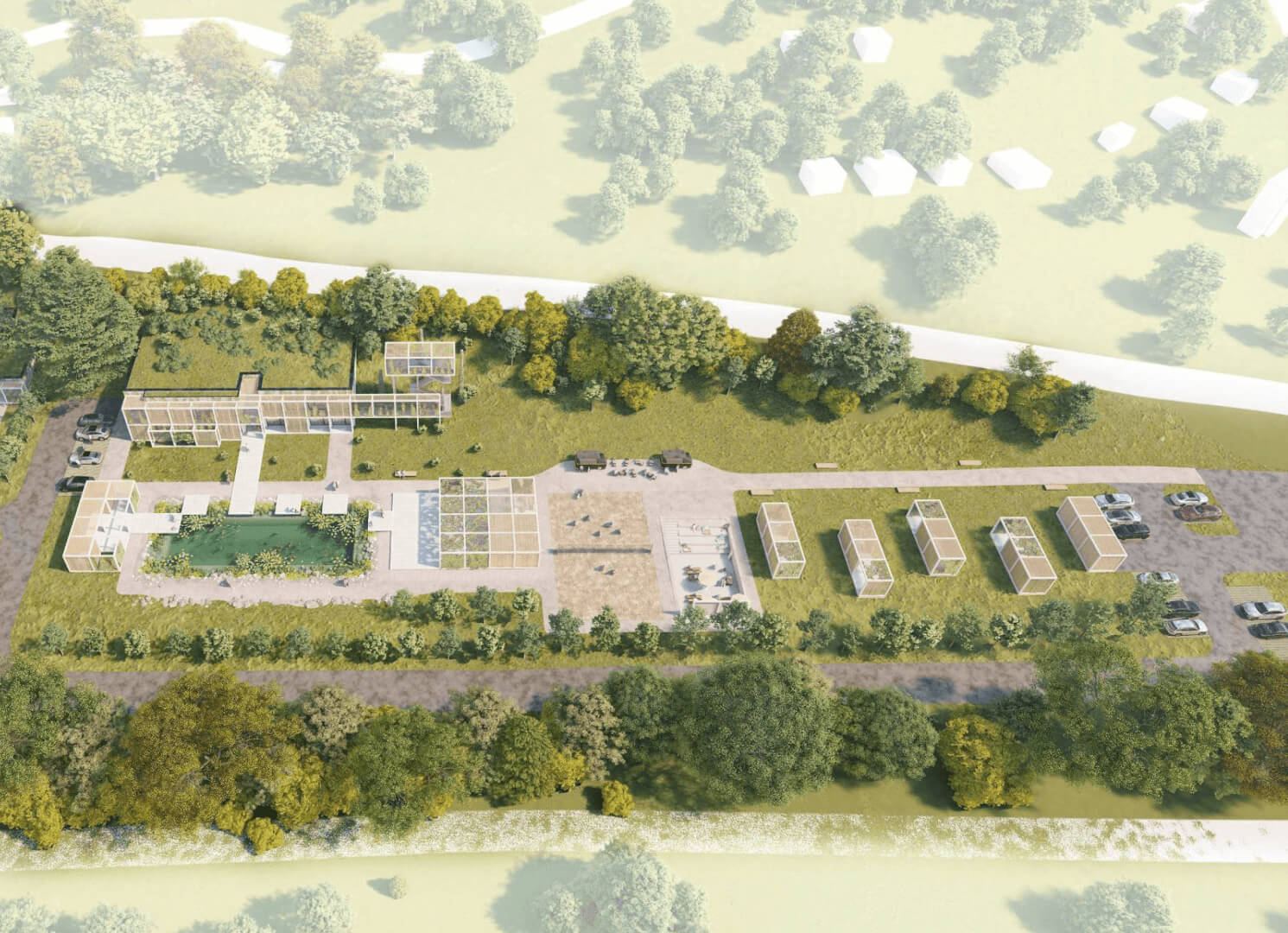 Aerial rendering of the earth-sheltered Zlín office building with a green roof, linked by a walkway to glass pavilions above a garden with a dark pool and greenhouses leading to parking.