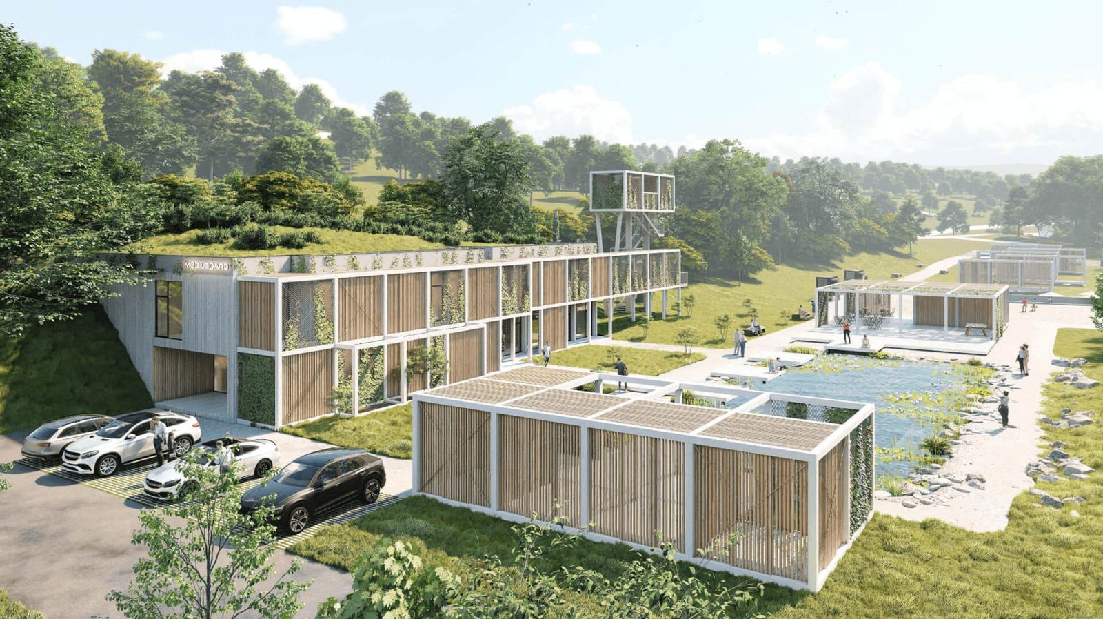 Rendering della casa interrata sede uffici a Zlín, incassata nel pendio erboso, con tetto verde, laghetto e torre panoramica.