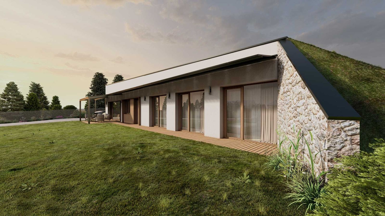 Rendering della casa interrata Tabor, porte vetrate, zoccolo in pietra e tetto verde che sale nel pendio.