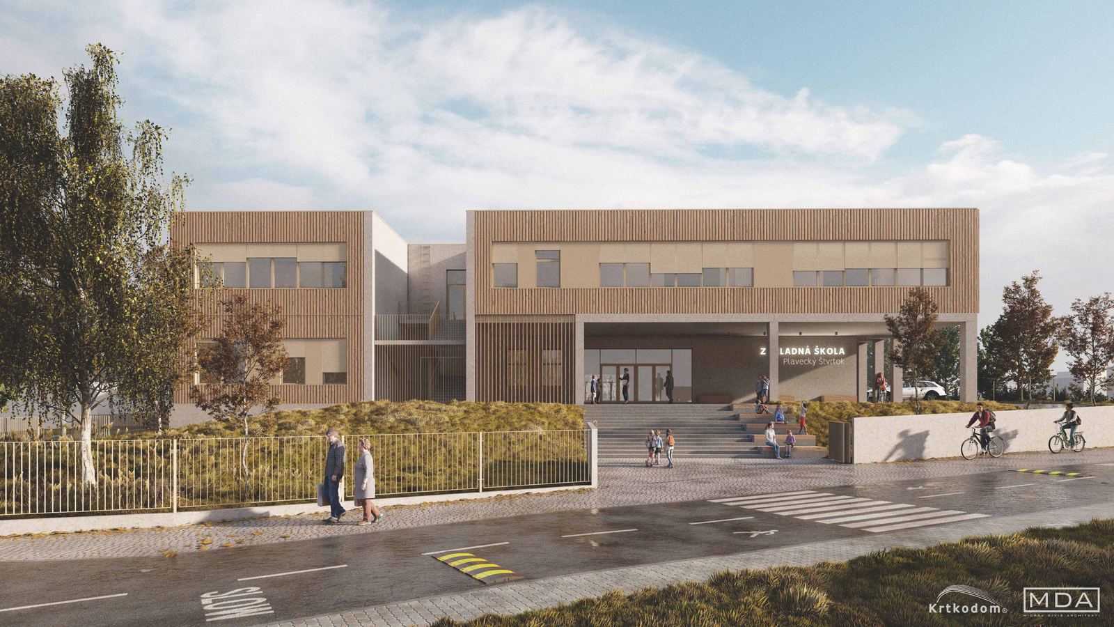 Rendering della scuola di Plavecký Štvrtok, facciata in listelli di legno, piazza a gradoni con persone e ciclisti
