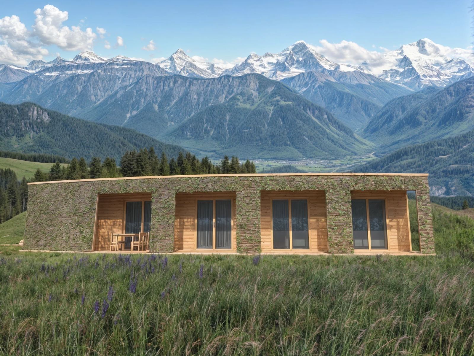Casa interrata Moravce con facciata coperta di rampicanti, porte vetrate e terrazza davanti a vette innevate.