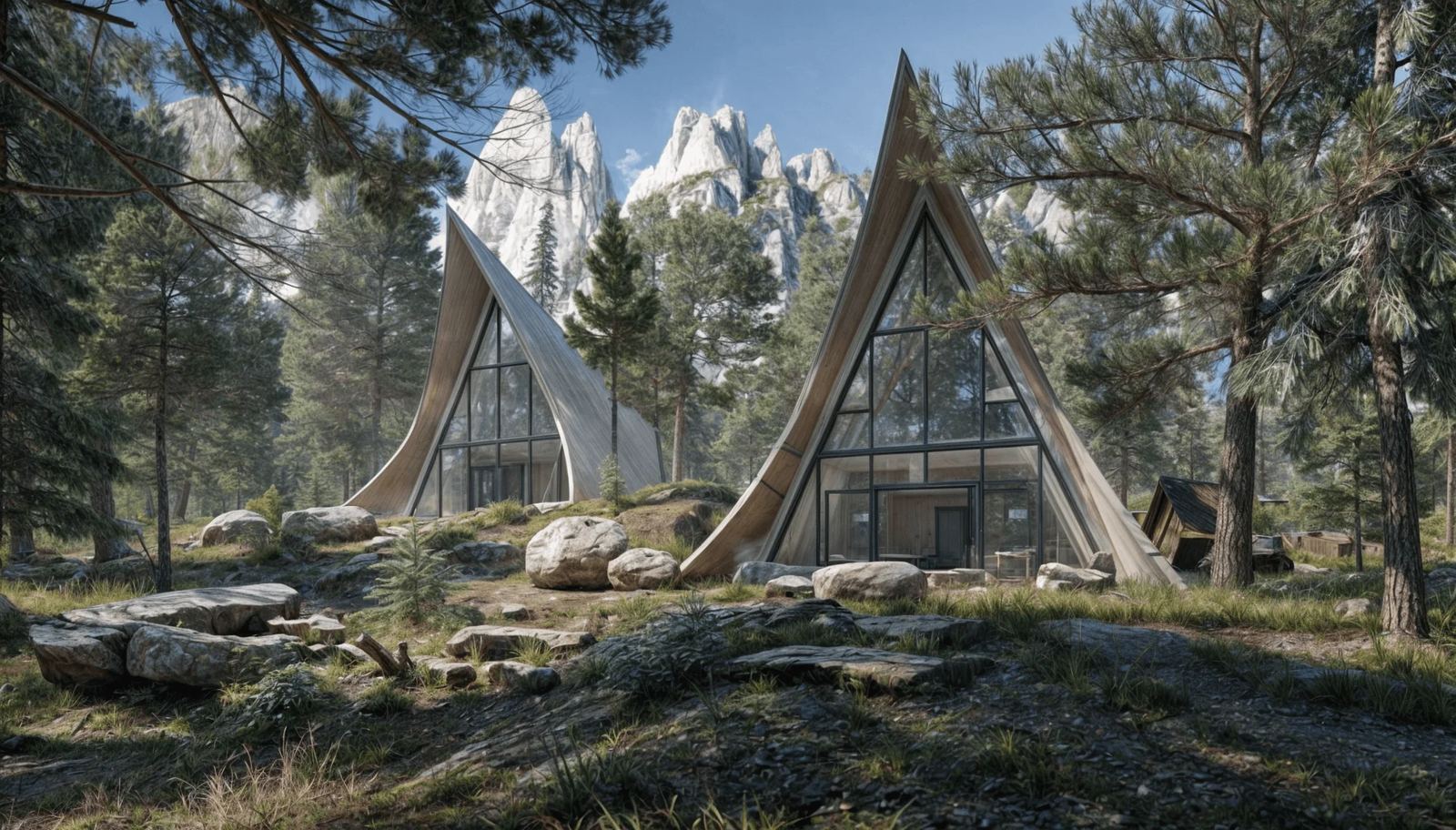 Due chalet a forma di tenda con facciate triangolari in vetro tra rocce e pini, sotto cime innevate