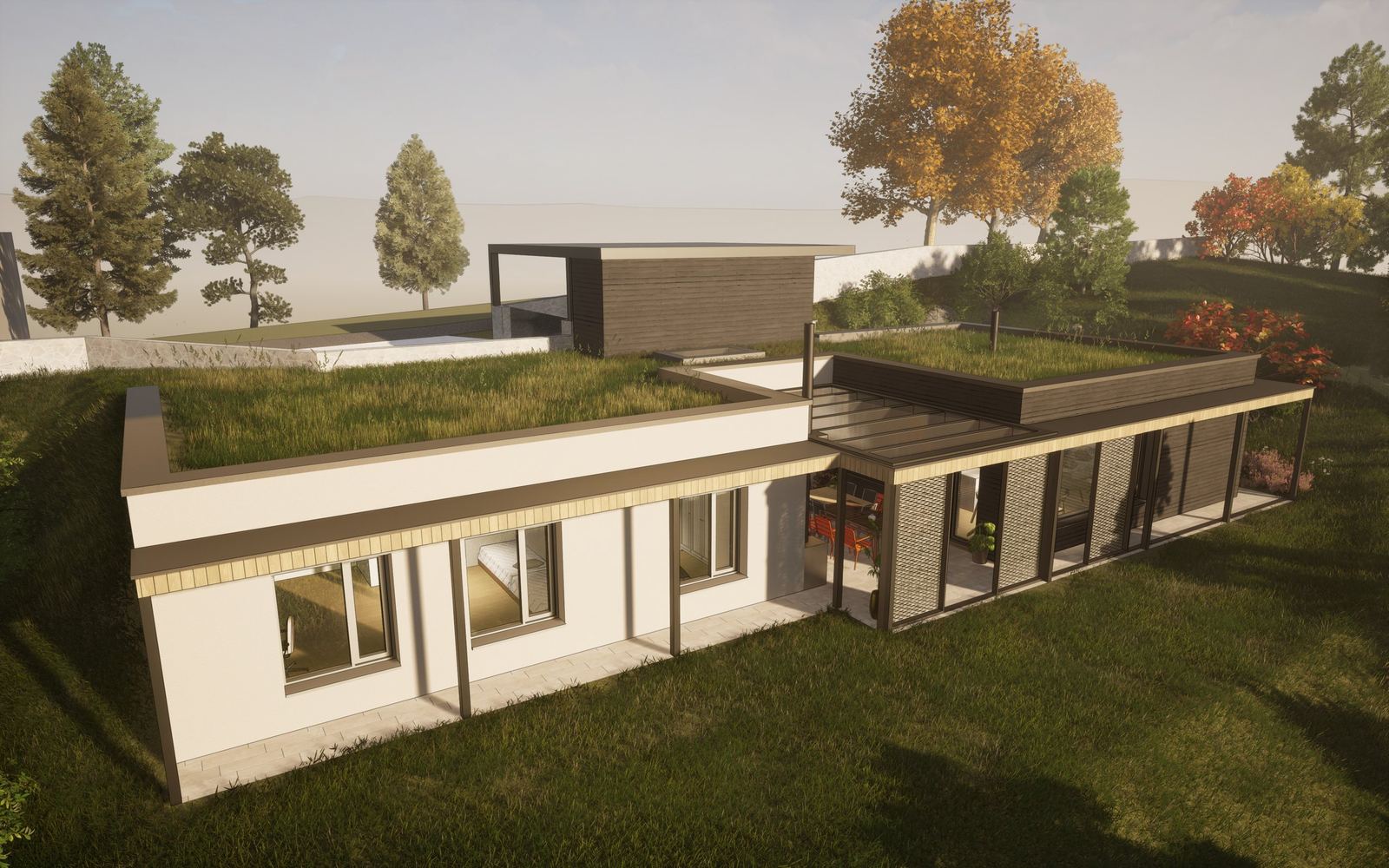 Rendering di una casa interrata a Čadca, tetto erboso con alberi, facciata vetrata mostra camera da letto e pergola.