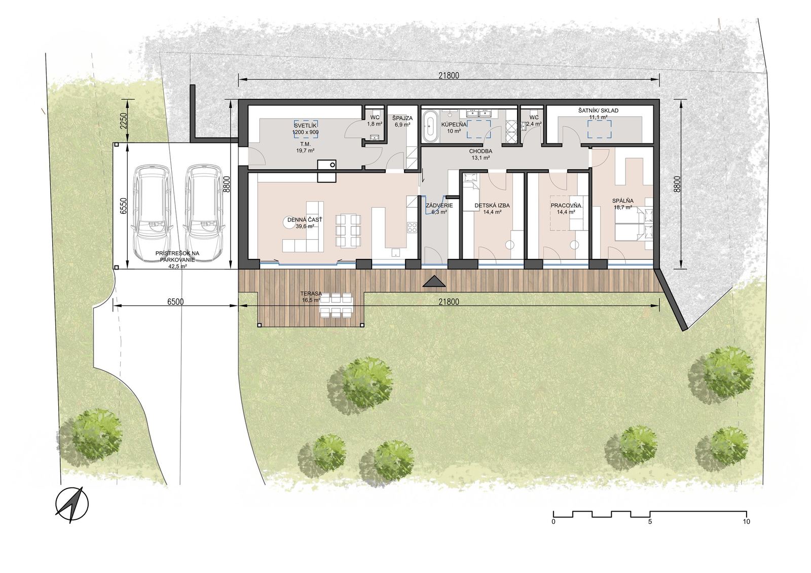 Floor plan of the earth-sheltered Tabor house showing living area, bedrooms, study and walk-in closet, 21,800 x 8,800 mm.