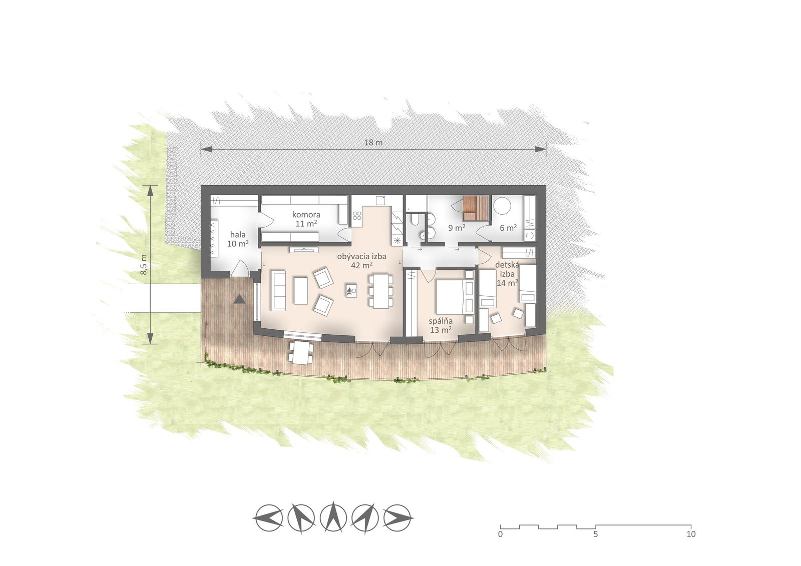 Floor plan of the Moravce earth-sheltered house: curved front terrace, living room with kitchen, sauna, two bedrooms, rear wall banked with earth.