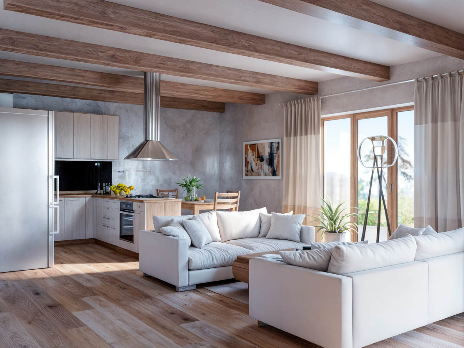 Cucina e soggiorno open space nella casa interrata di Lubina, porte vetrate verso la terrazza con alberi