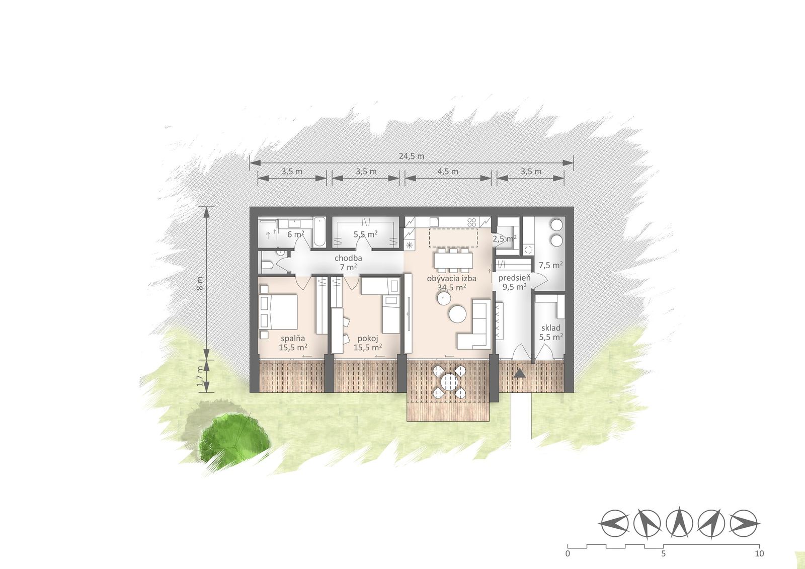 Floor plan of the earth-sheltered house City, with bedroom, living room and hallway sizes, deck with table at front.