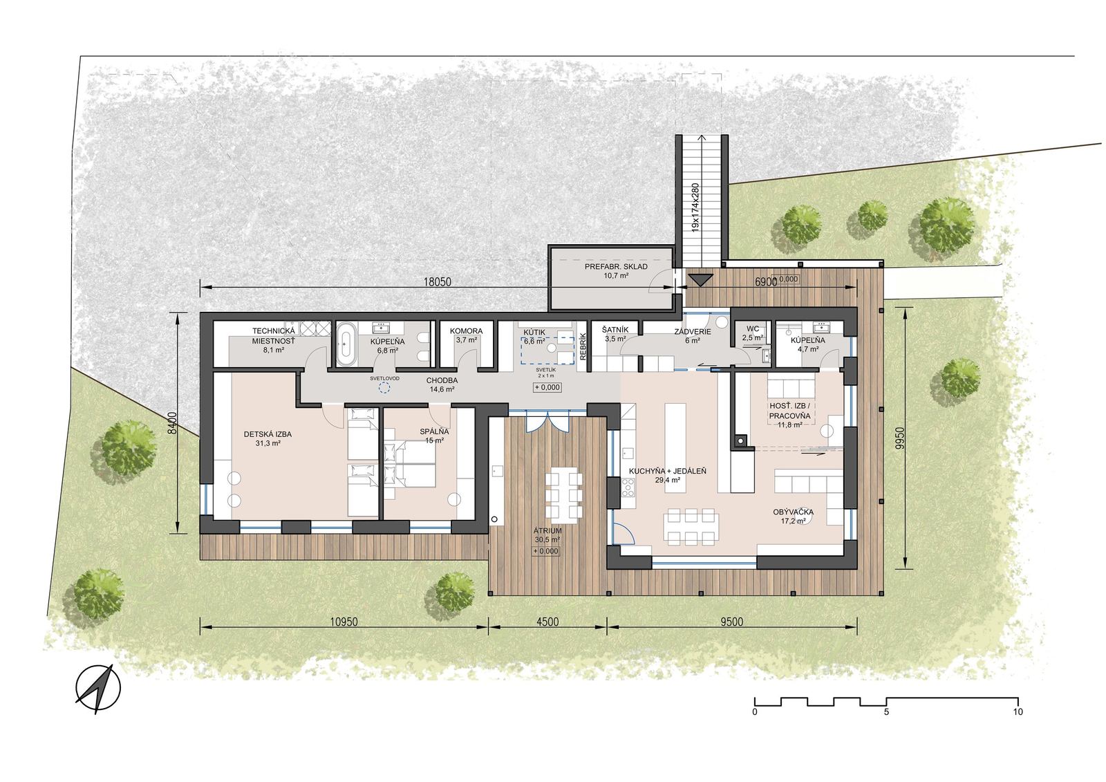 Floor plan of the earth-sheltered house in Čadca: rooms grouped around a central atrium with wood decking.