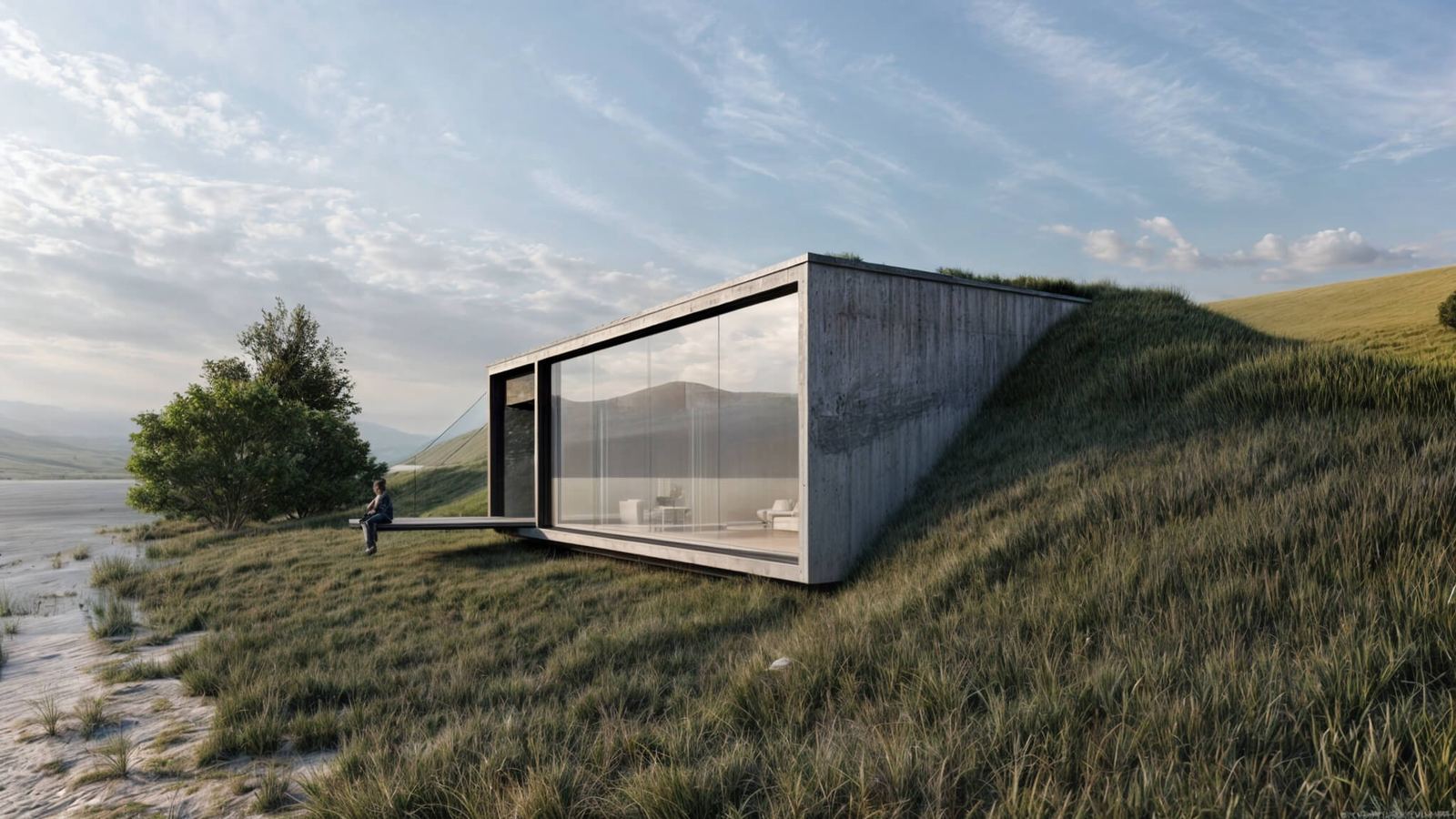 Casa interrata a Bytča con tetto erboso che si fonde nella collina, persona seduta sulla terrazza in legno vicino a un albero