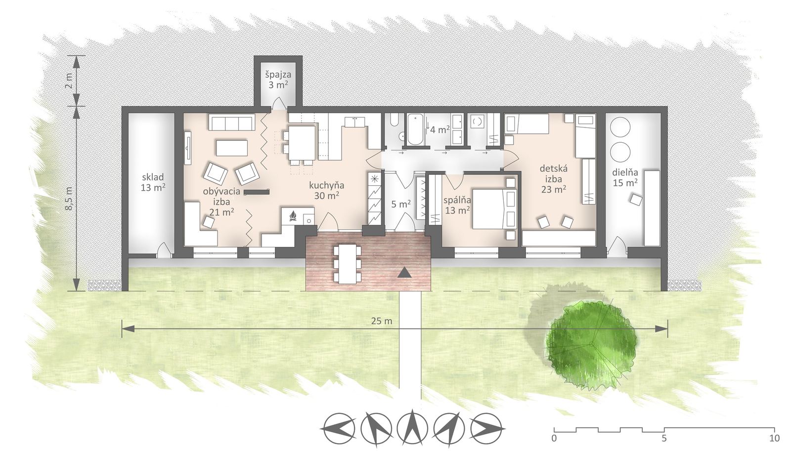 Planimetria della casa interrata Bublina, con deposito, laboratorio, cucina, camere e terrazza sul prato