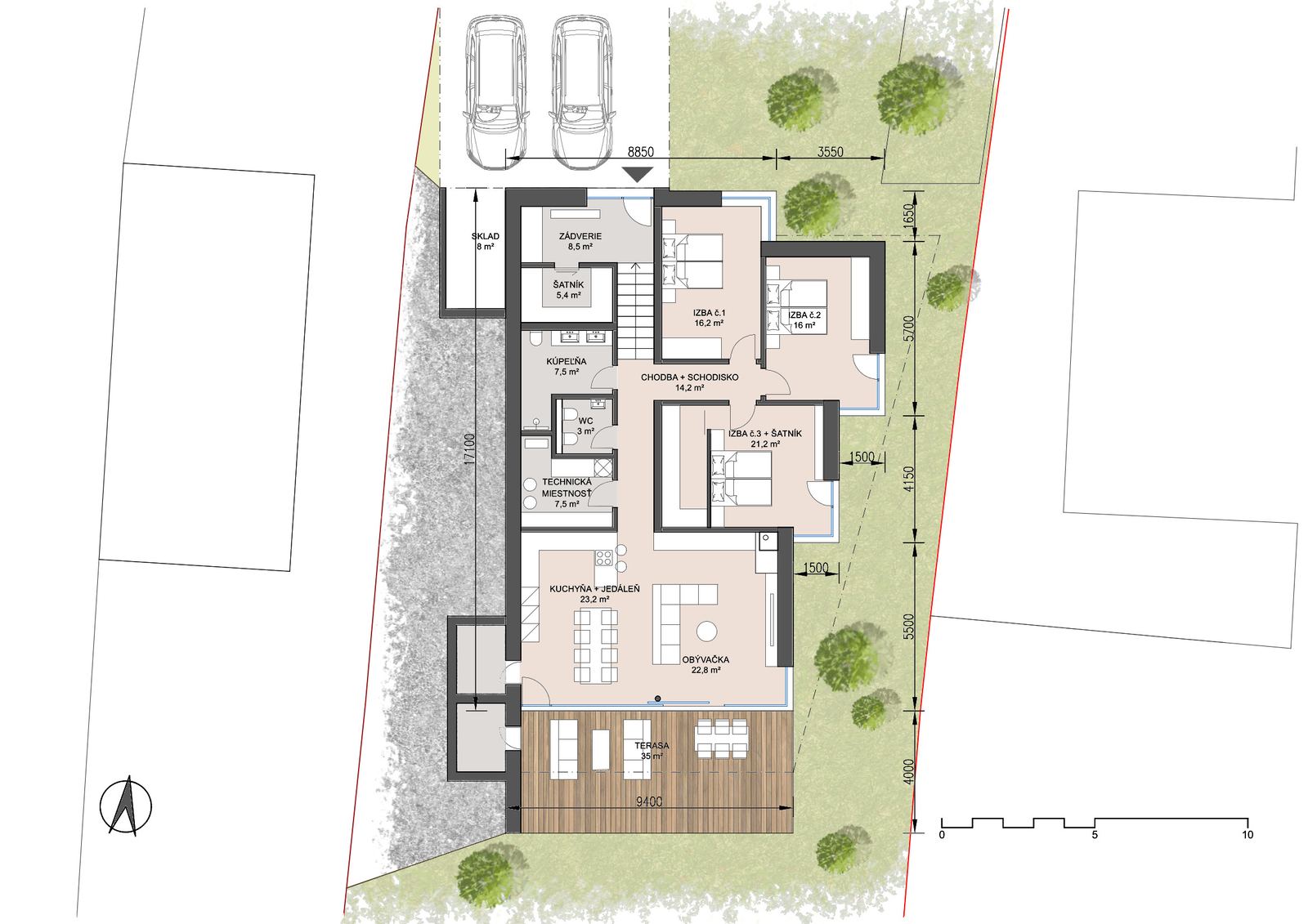 Floor plan of an earth-sheltered house study for Bratislava, three bedrooms, open kitchen and living room, 35 m² terrace