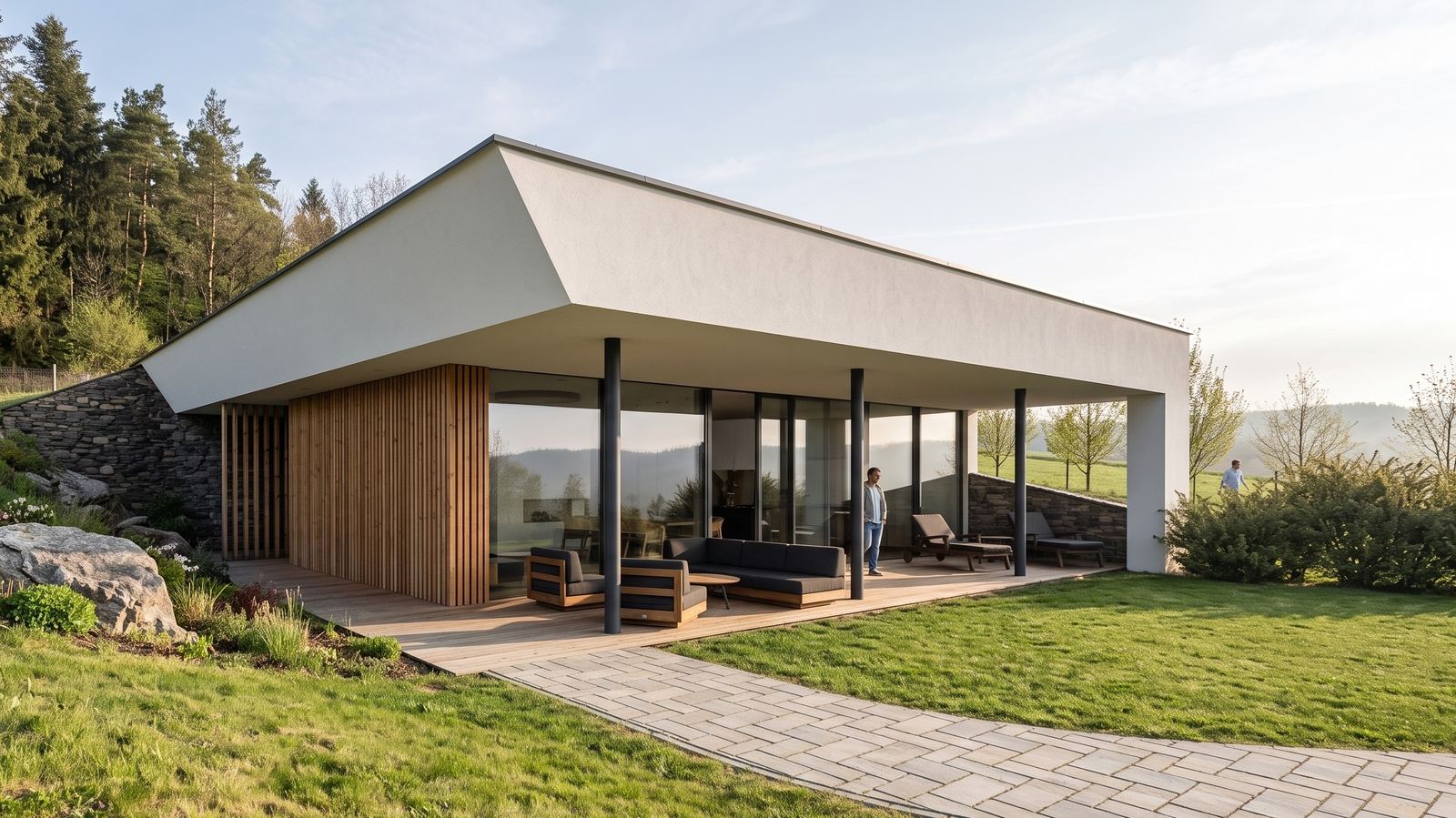 Casa interrata a Častkovce con ampio tetto bianco sporgente, facciata vetrata sulla terrazza in legno e pendio erboso
