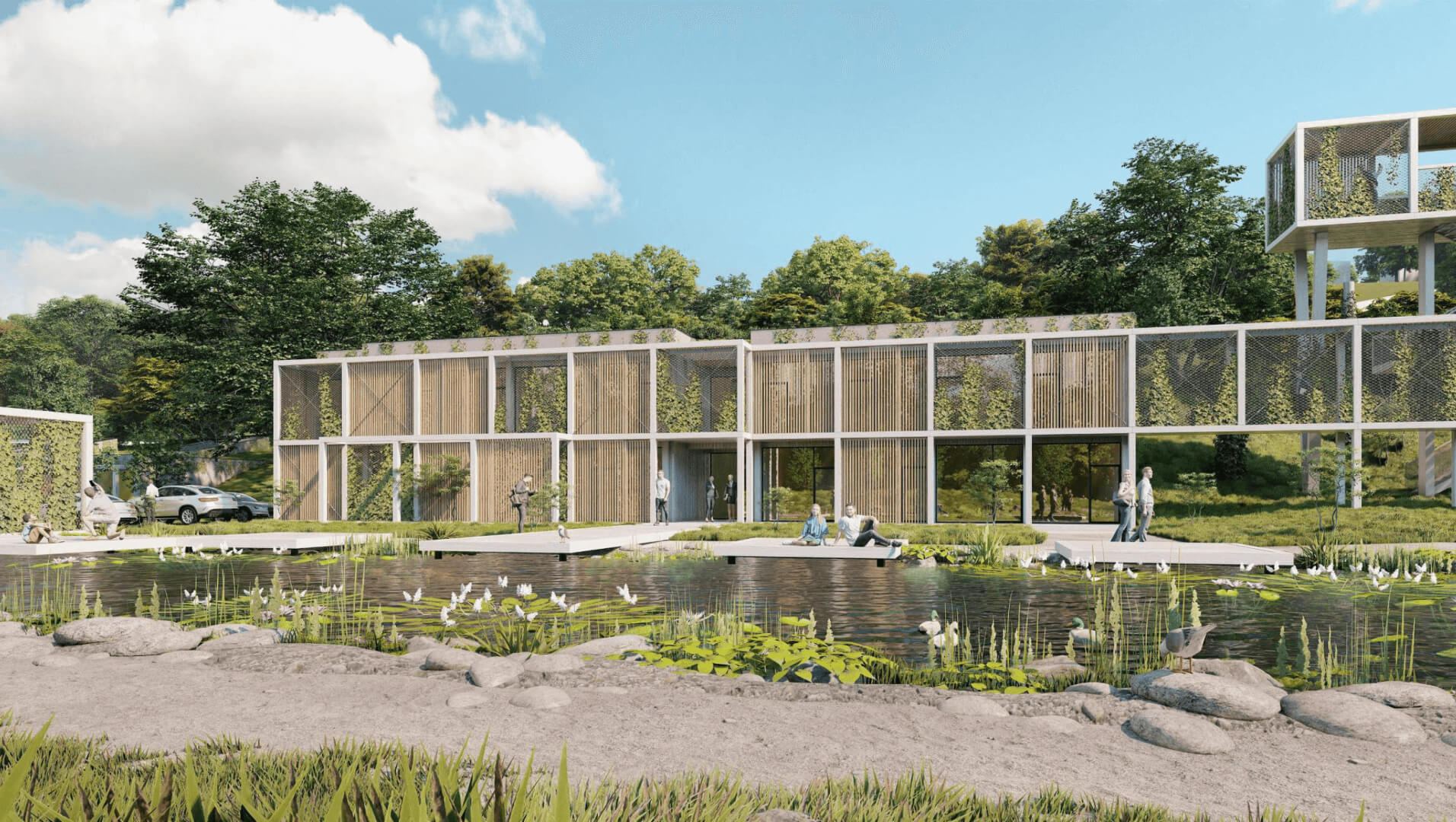 Rendering of the Zlín office study: a wood-slatted building with a green facade beside a pond with lily pads.