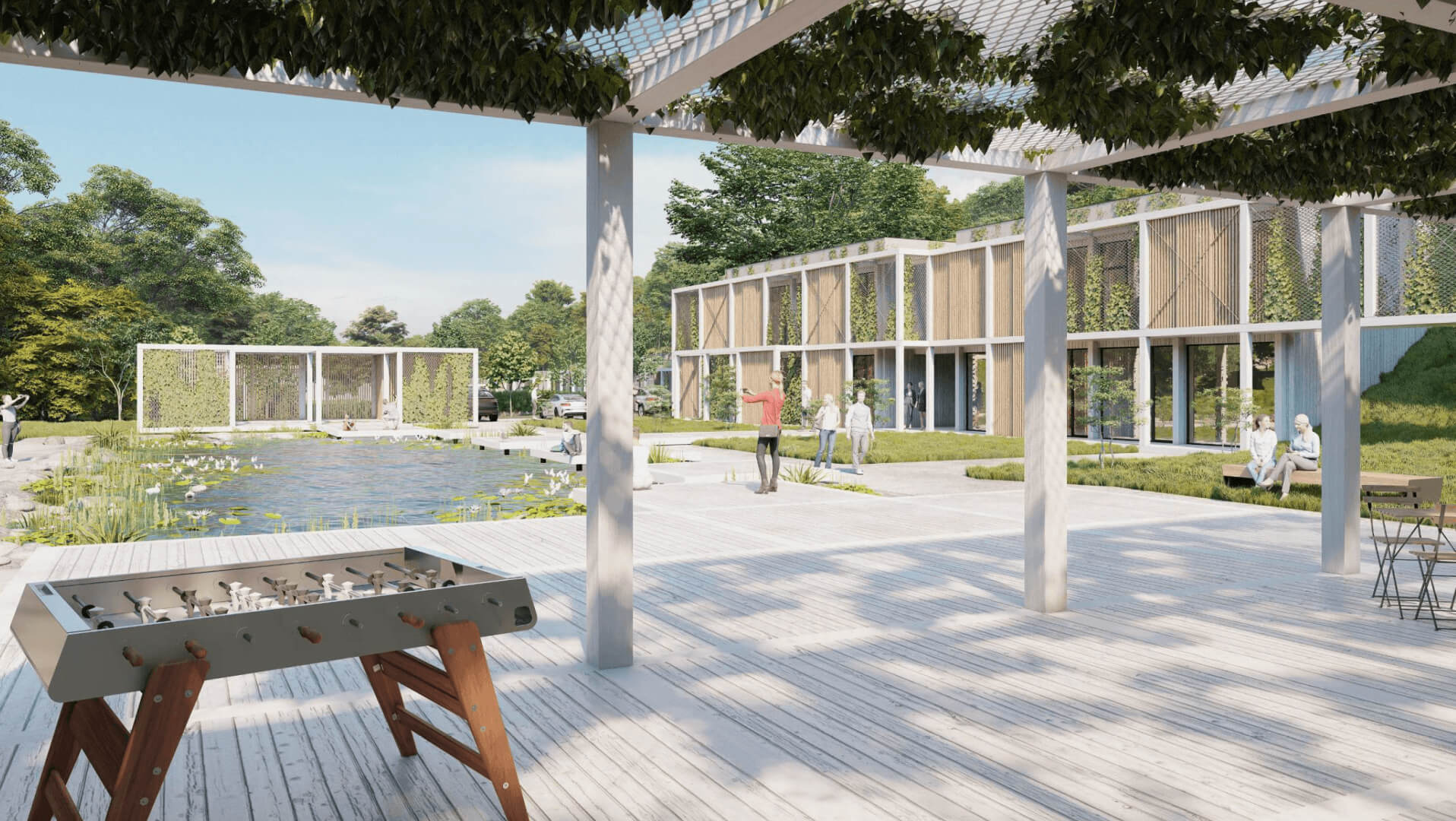 Visualisation of the Zlín office building's terrace with pergola, foosball table and lily pond, greenery-clad facade beyond.