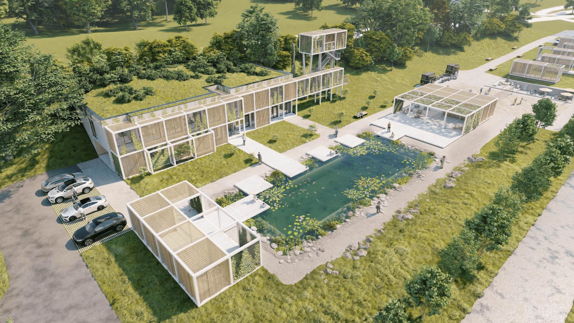 Aerial rendering of the Zlín office study: wood-slat pavilions around a lily pond, cars parked left, stair tower behind trees.