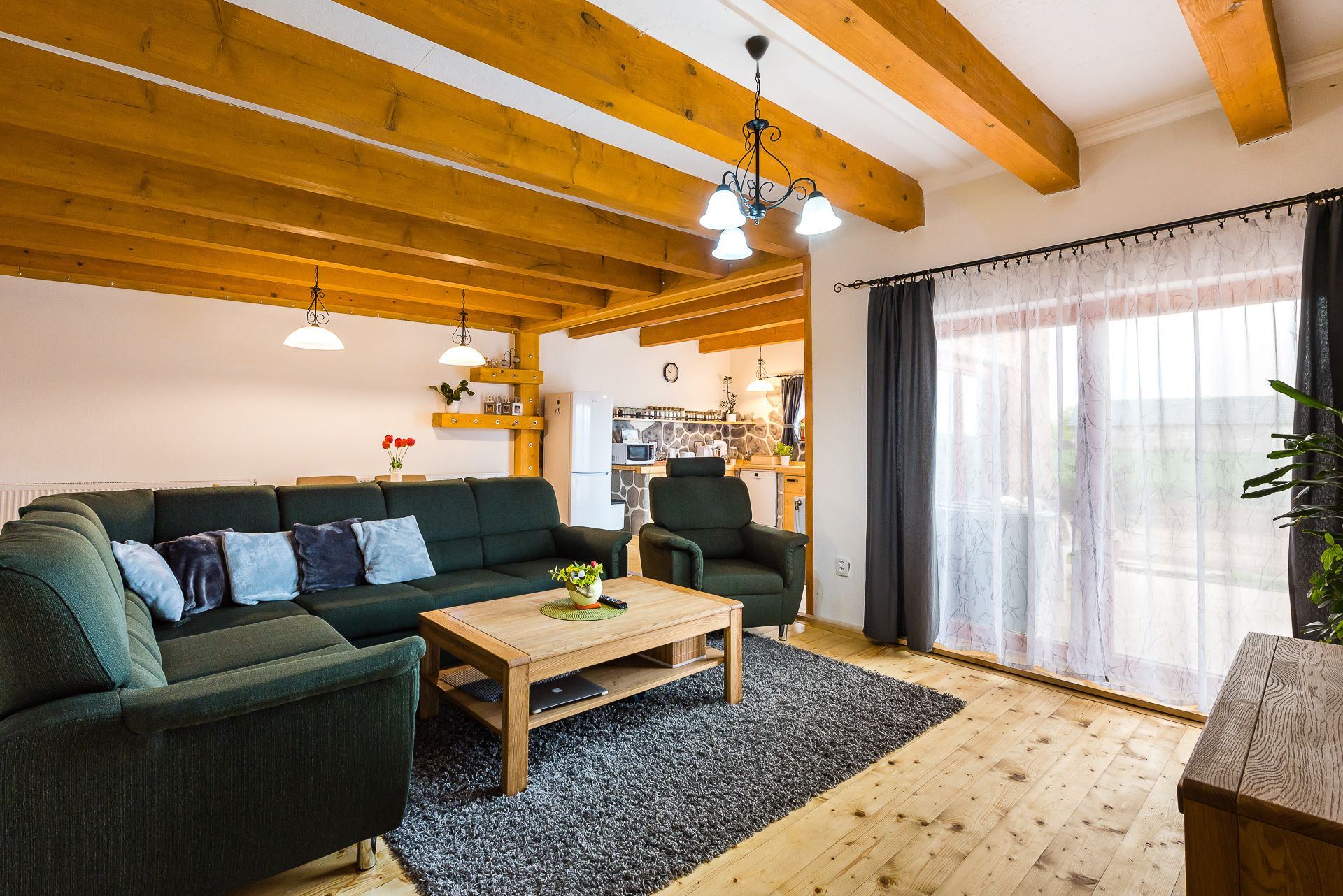Living room of the Zemplin earth-sheltered house, green sofas, wood-beamed ceiling and glazed door to the kitchen