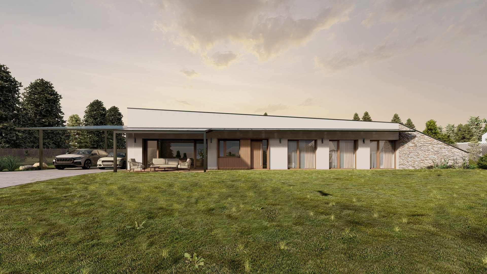 Rendering of the earth-sheltered house Tabor at sunset, glazed facade, stone end wall set into a grassy slope, carport with two cars.