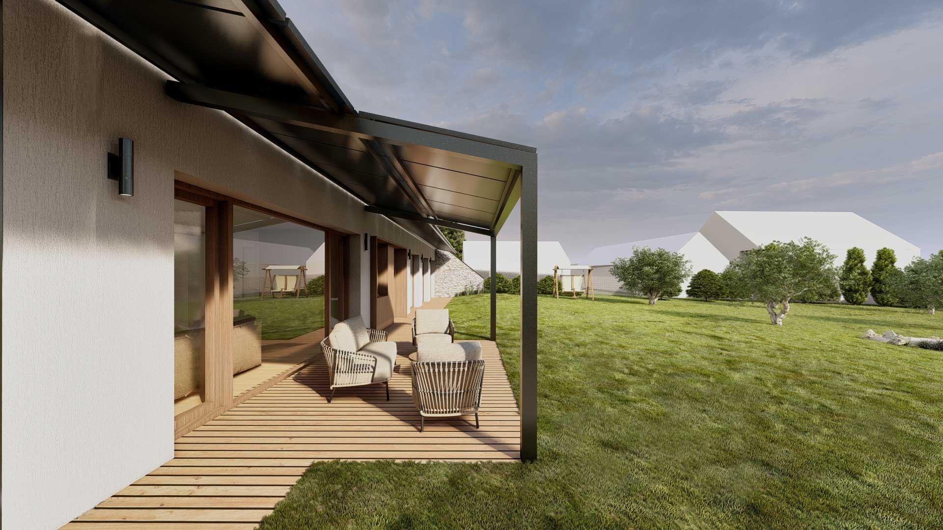 Rendering of the Tabor earth-sheltered house's deck with lounge chairs, glass doors and a wide lawn beyond.