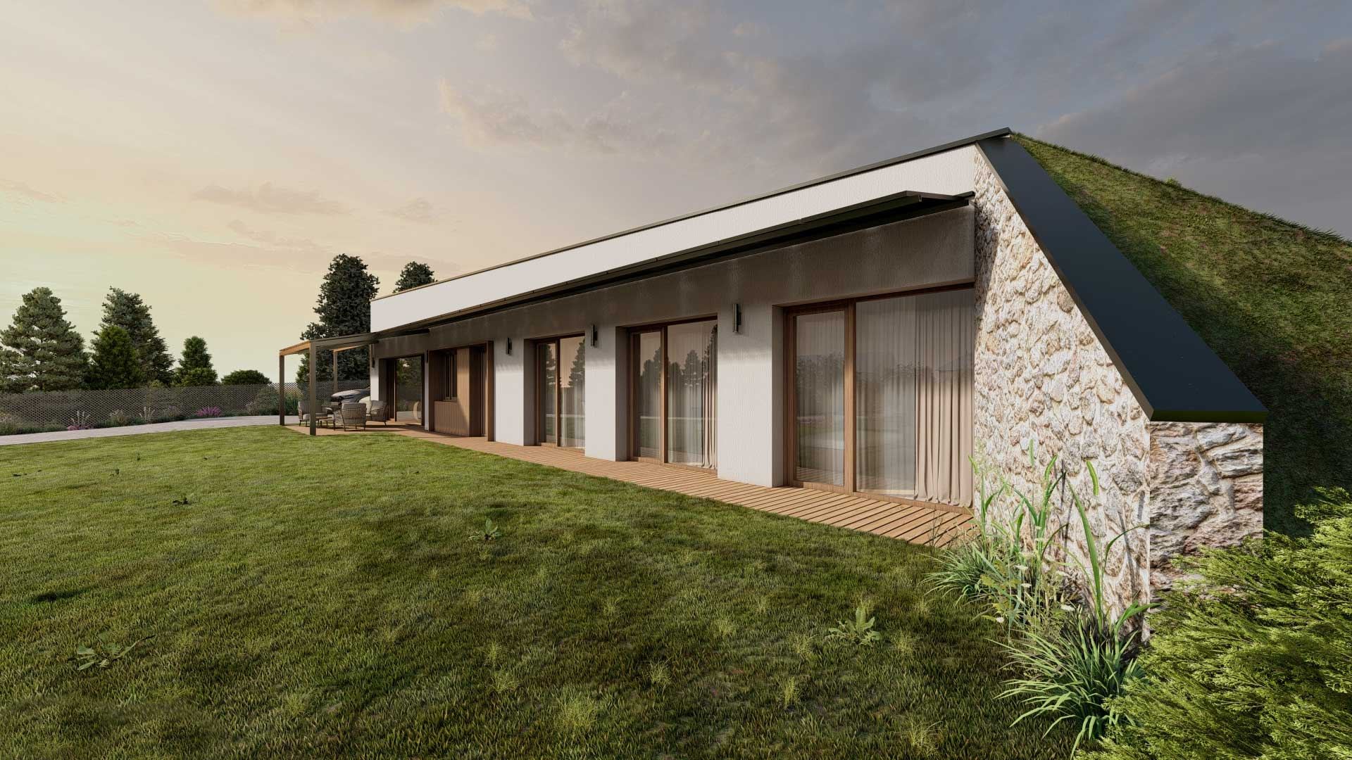 Rendered view of Tabor earth-sheltered house, glazed front, stone end wall and grass roof sloping over the terrace.
