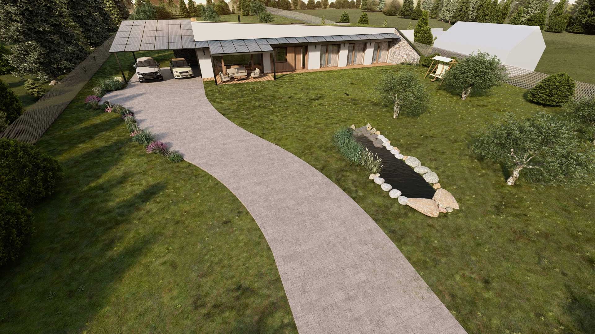 Aerial view of the earth-sheltered house Tabor, grassy slope behind, carport with solar panels, pond and lawn in front.