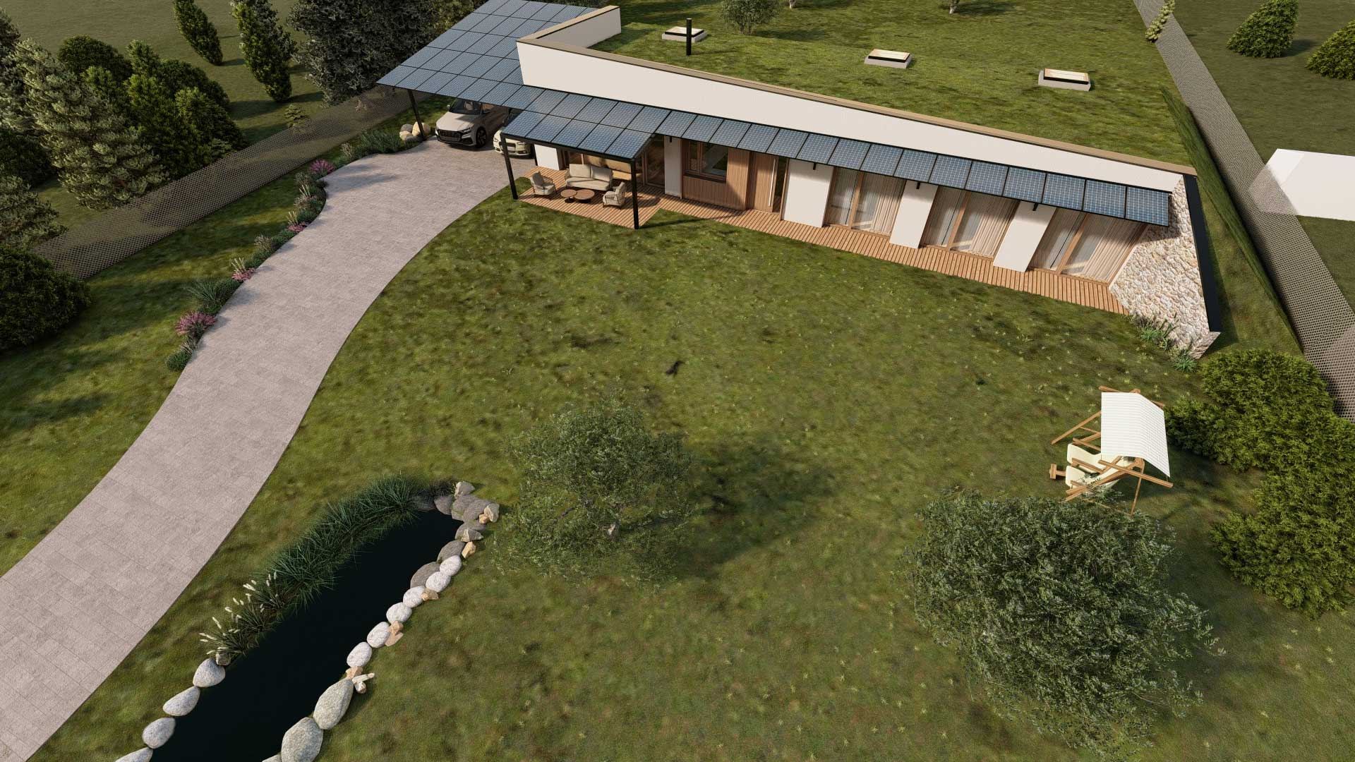 Aerial rendering of the Tabor earth-sheltered house, grass roof with skylights, solar panels, pond and carport.