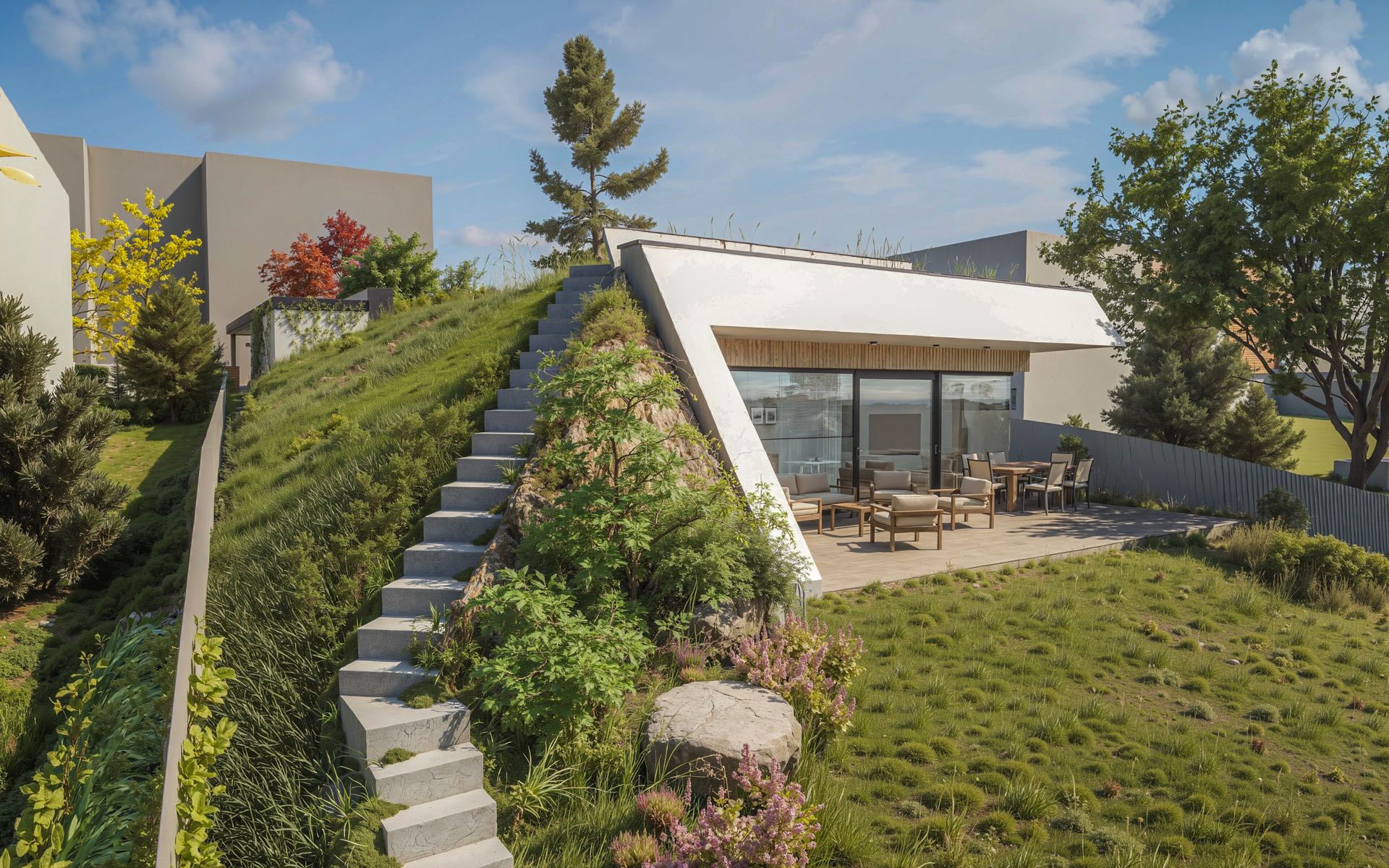 Earth-sheltered house in Bratislava with grass-covered roof, glass terrace doors and concrete steps up the mound