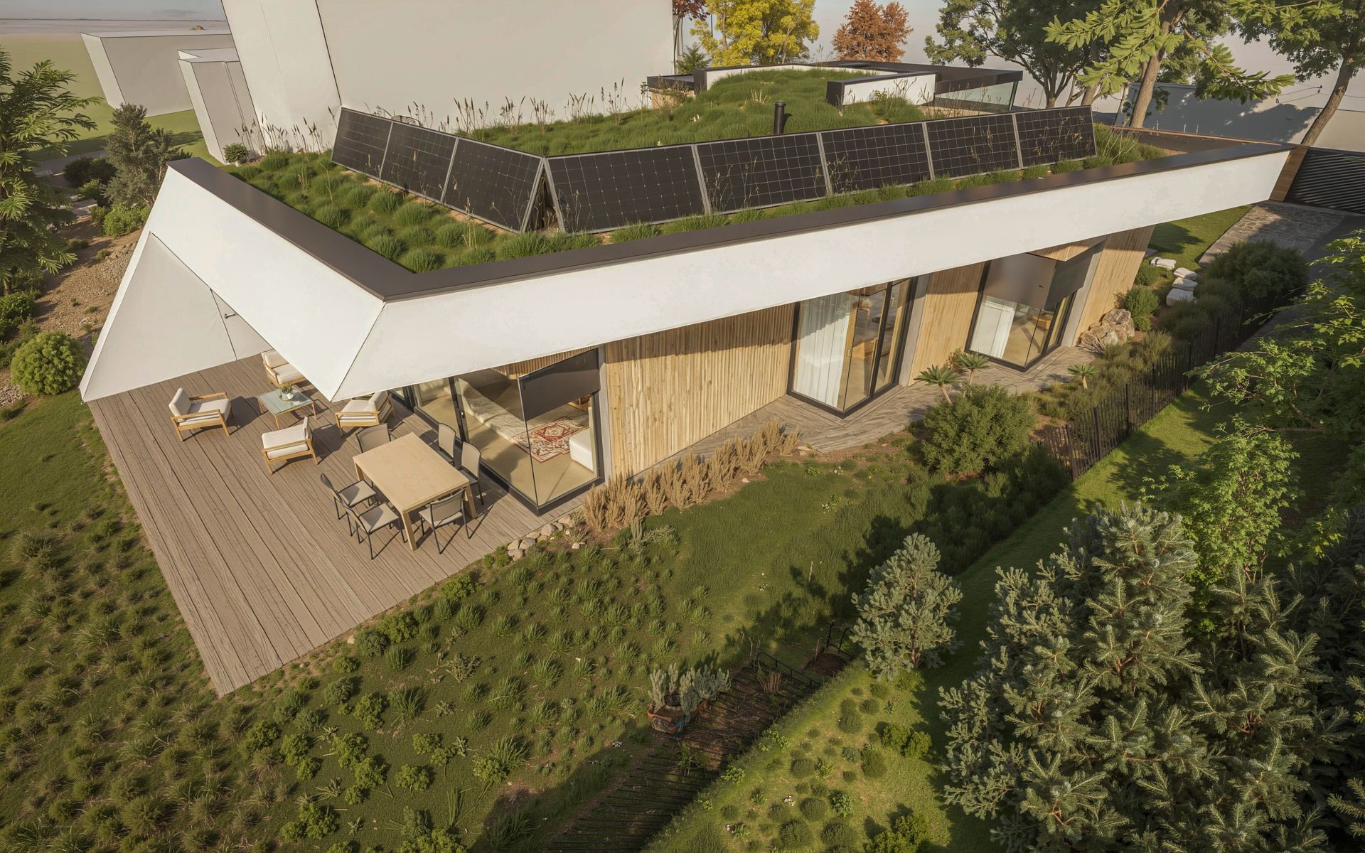 Aerial view of an earth-sheltered house study for Bratislava, green roof with solar panels, terrace overlooking a lake