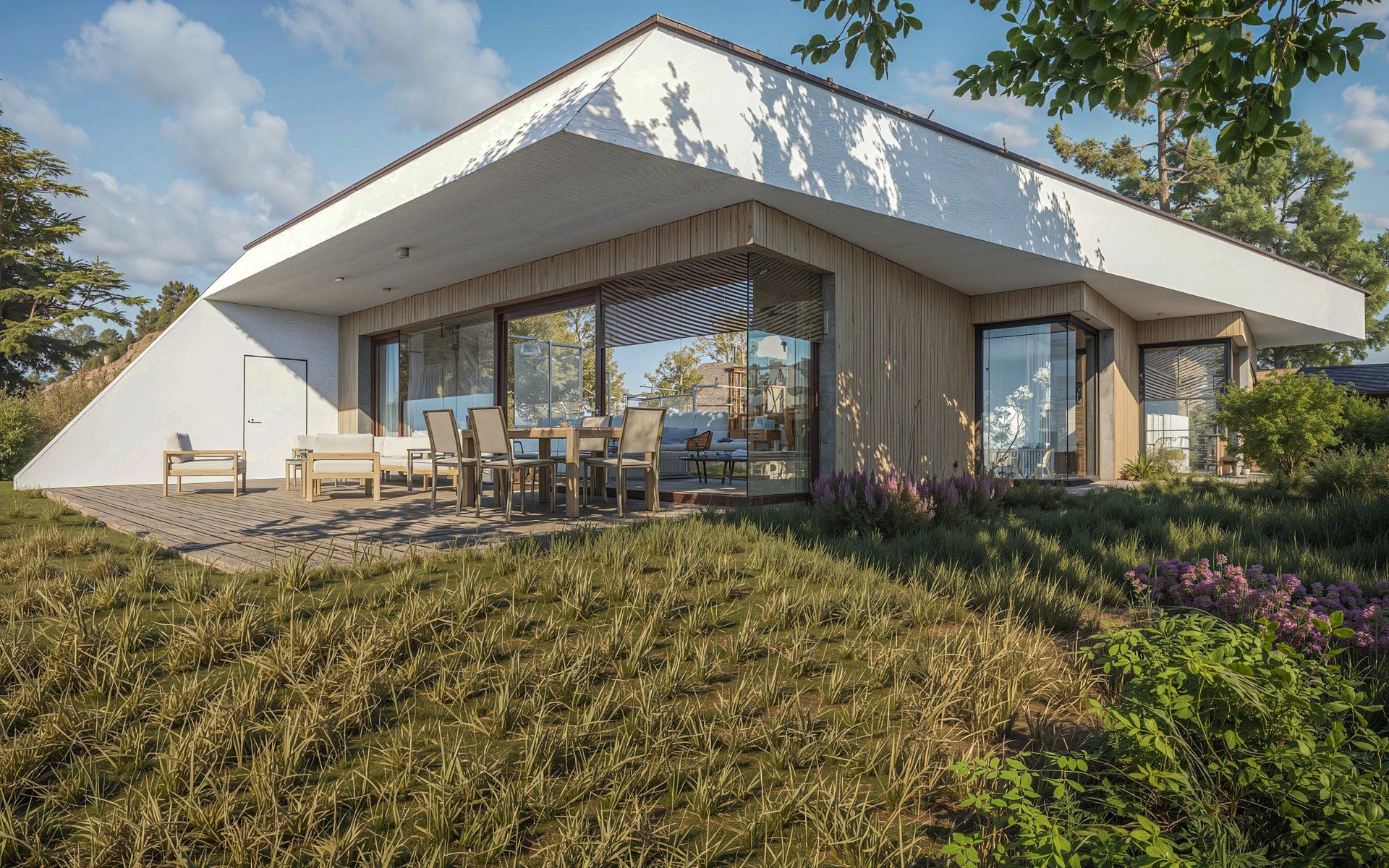 Study of an earth-sheltered house in Bratislava, wood-slat facade with sliding doors onto a deck by a meadow