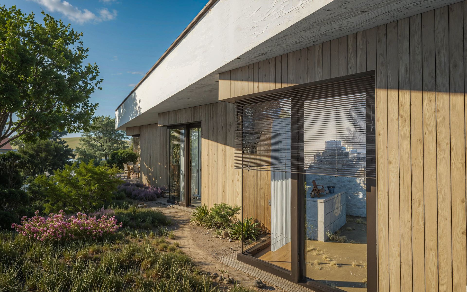 Study of an earth-sheltered house for Bratislava, wood-clad facade with glazed doors under a white curved roof edge