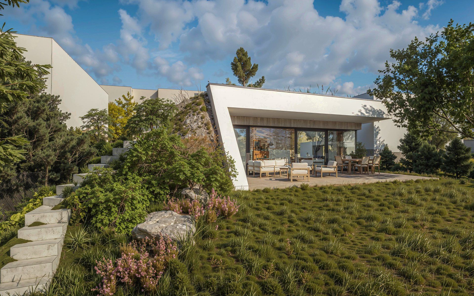 Earth-sheltered house in Bratislava with white angled facade set into a grassy slope, terrace and outdoor seating