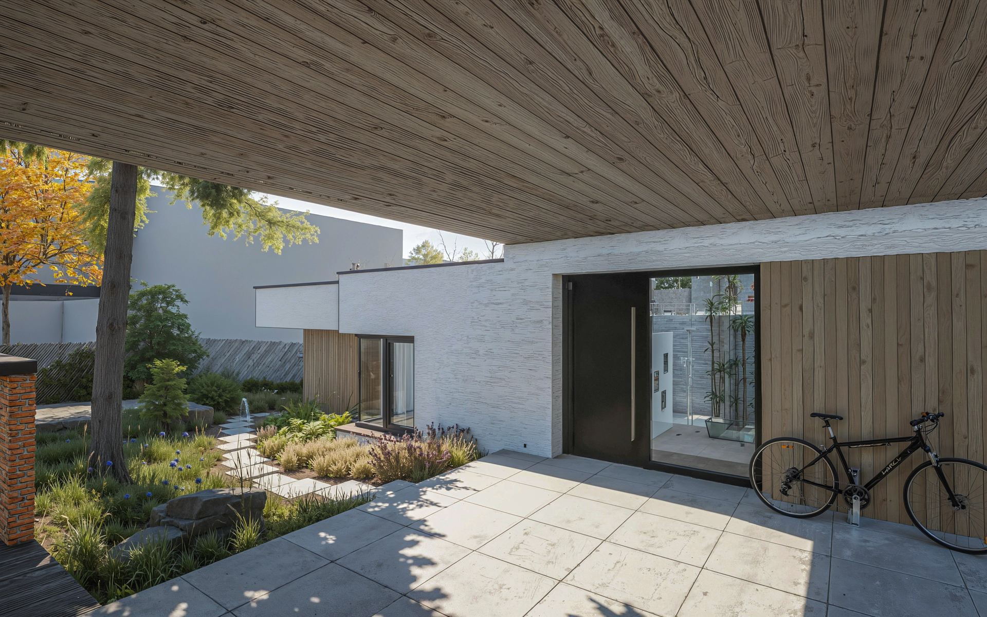 Entrance of an earth-sheltered house study for Bratislava, wood-clad overhang above the door and a bicycle by a slatted wall