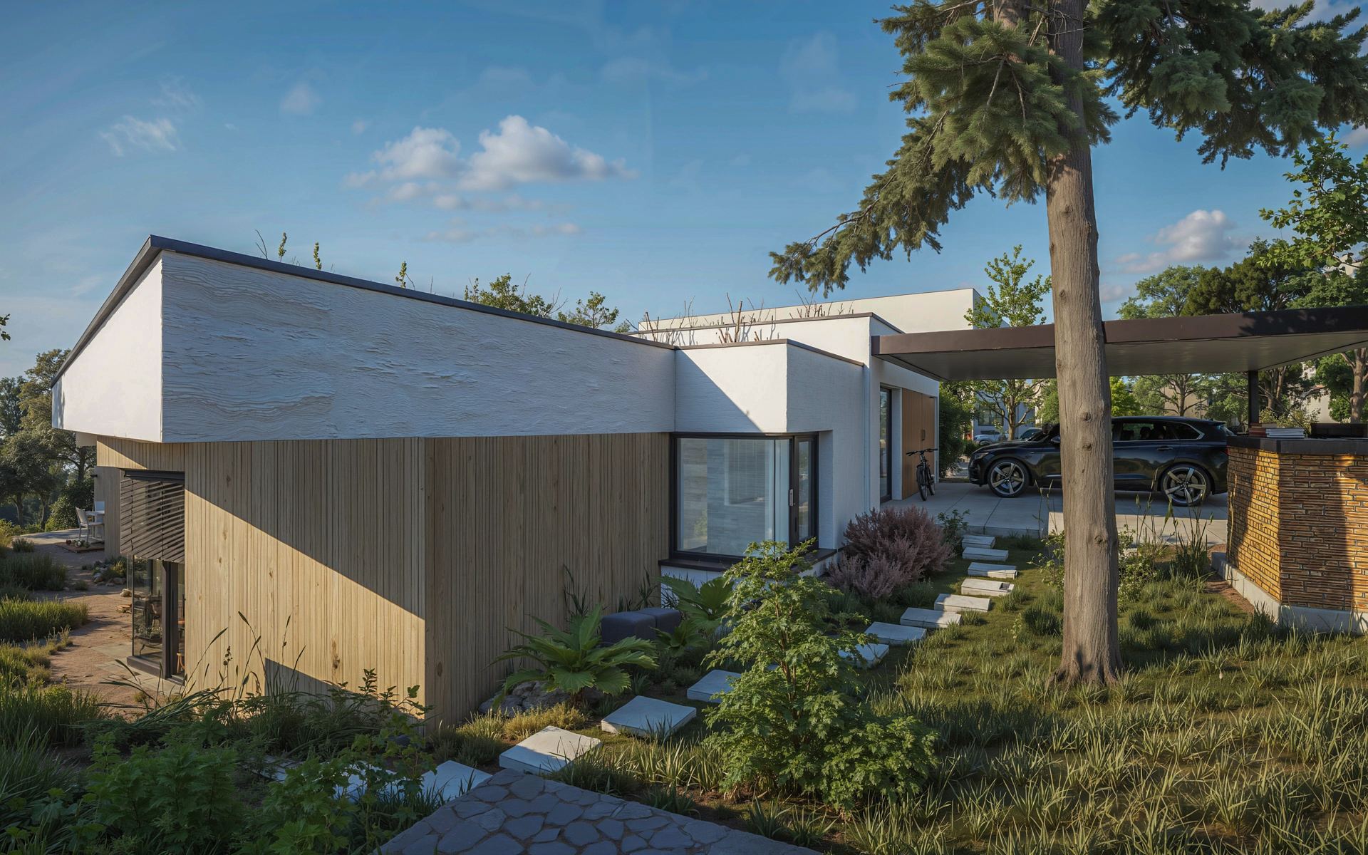 Study of an earth-sheltered house in Bratislava, white and timber-clad facade with stepping stones over a grassy slope to the entrance