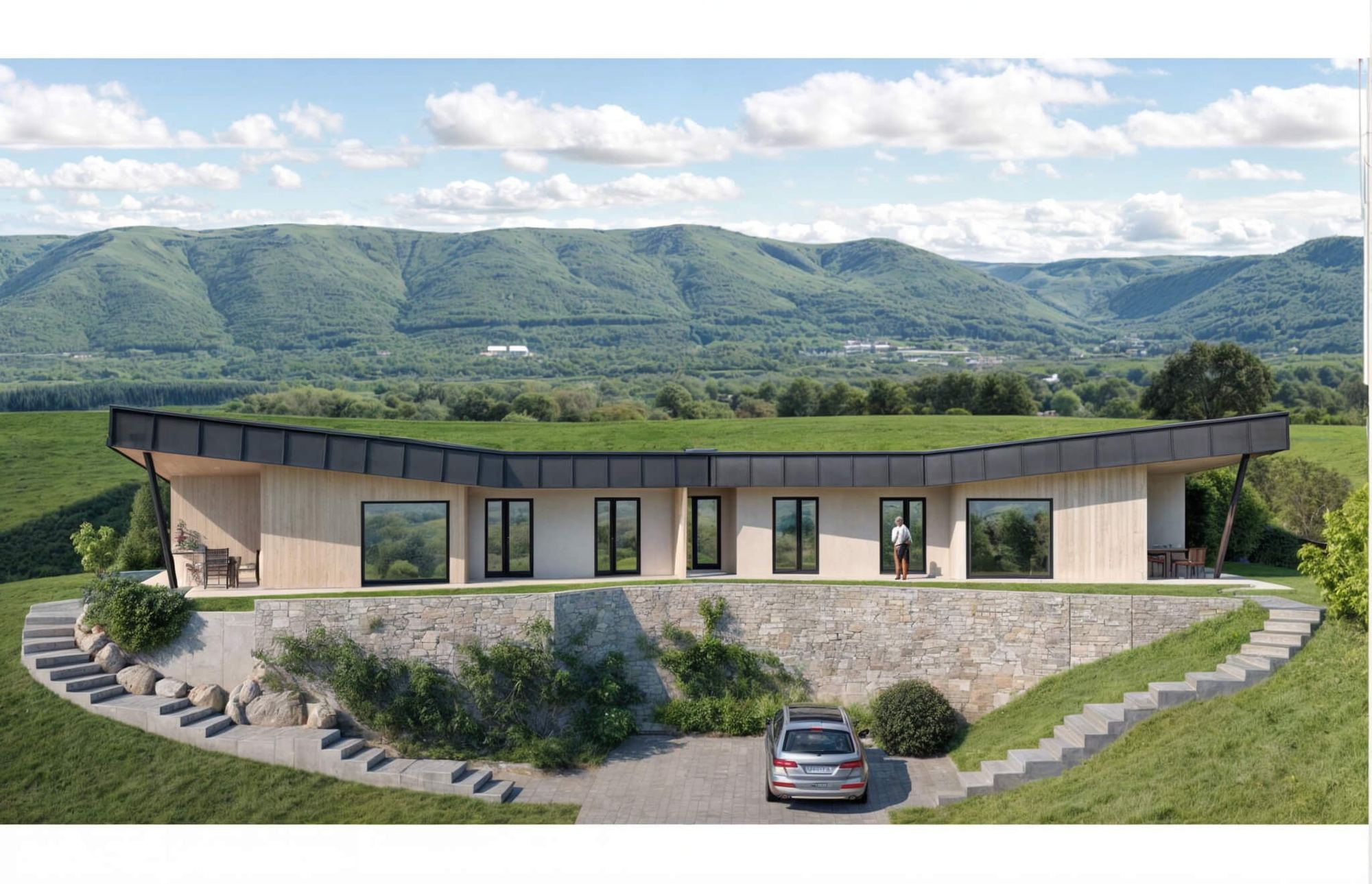 Casa interrata a Trencin con facciata vetrata, tetto verde che prosegue il pendio e muretto in pietra con scalini