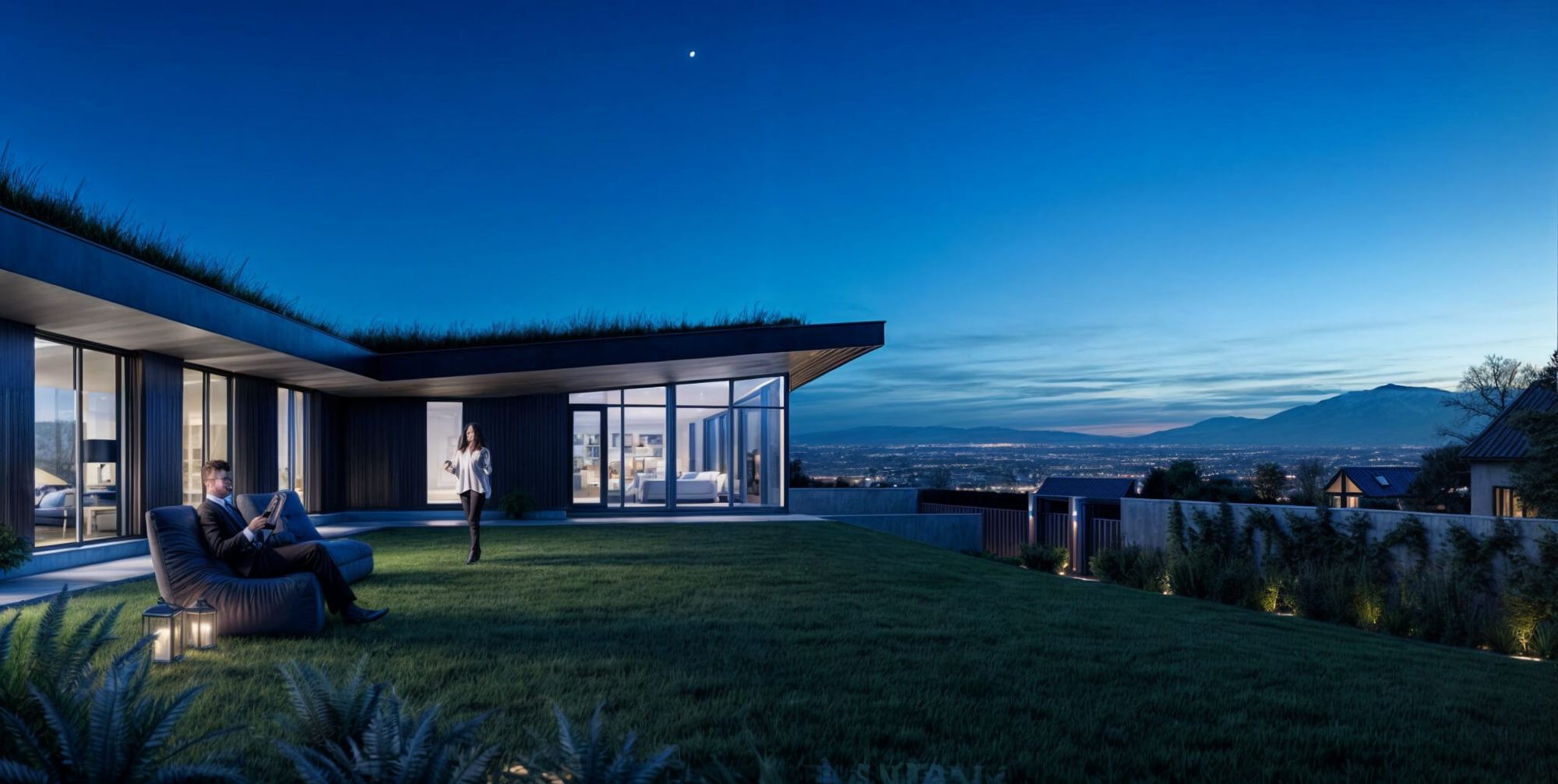 Earth-sheltered house Hoblina at dusk, glazed front onto a lawn, woman outside, city lights beyond