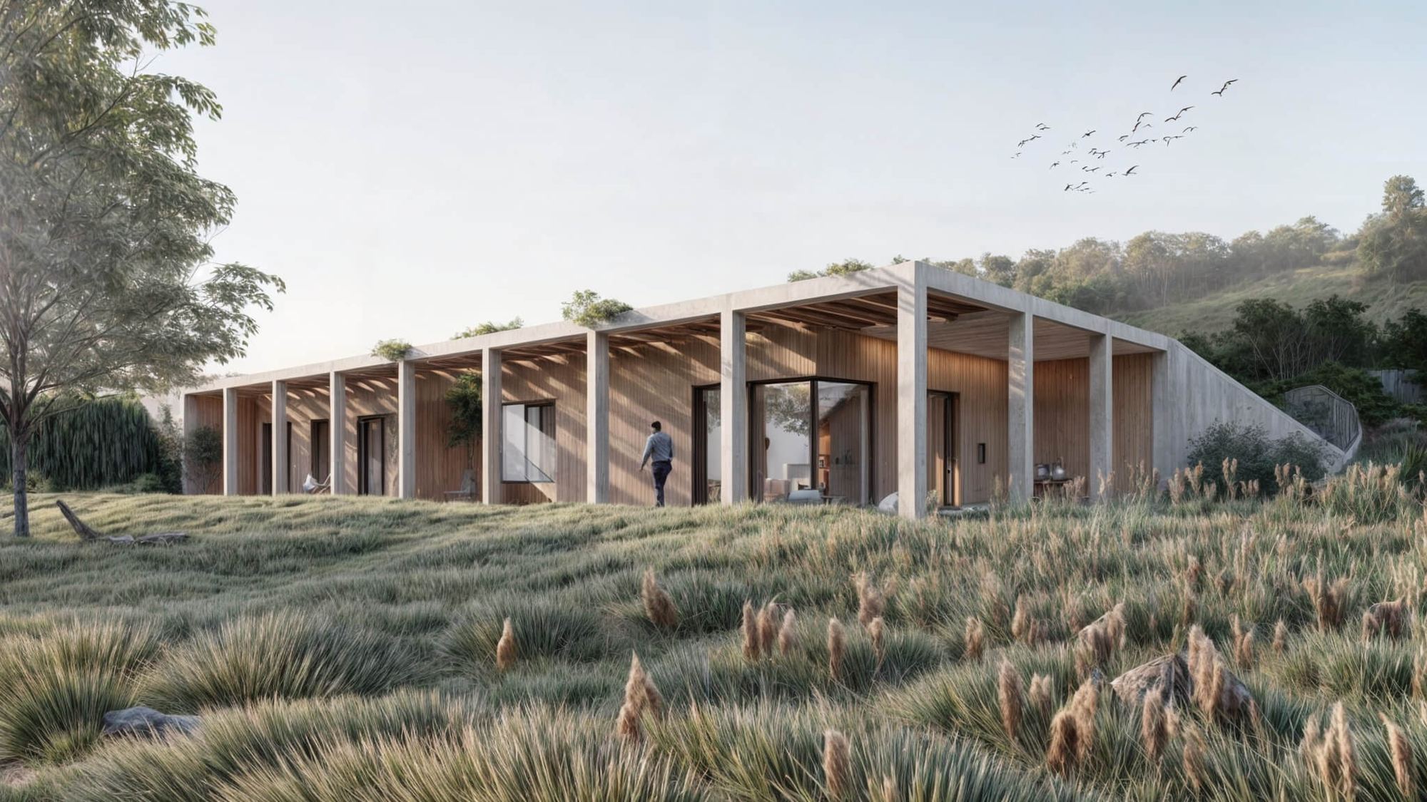 Earth-sheltered house Devin with wood-clad facade set into a grassy slope, man walking along terrace to entrance