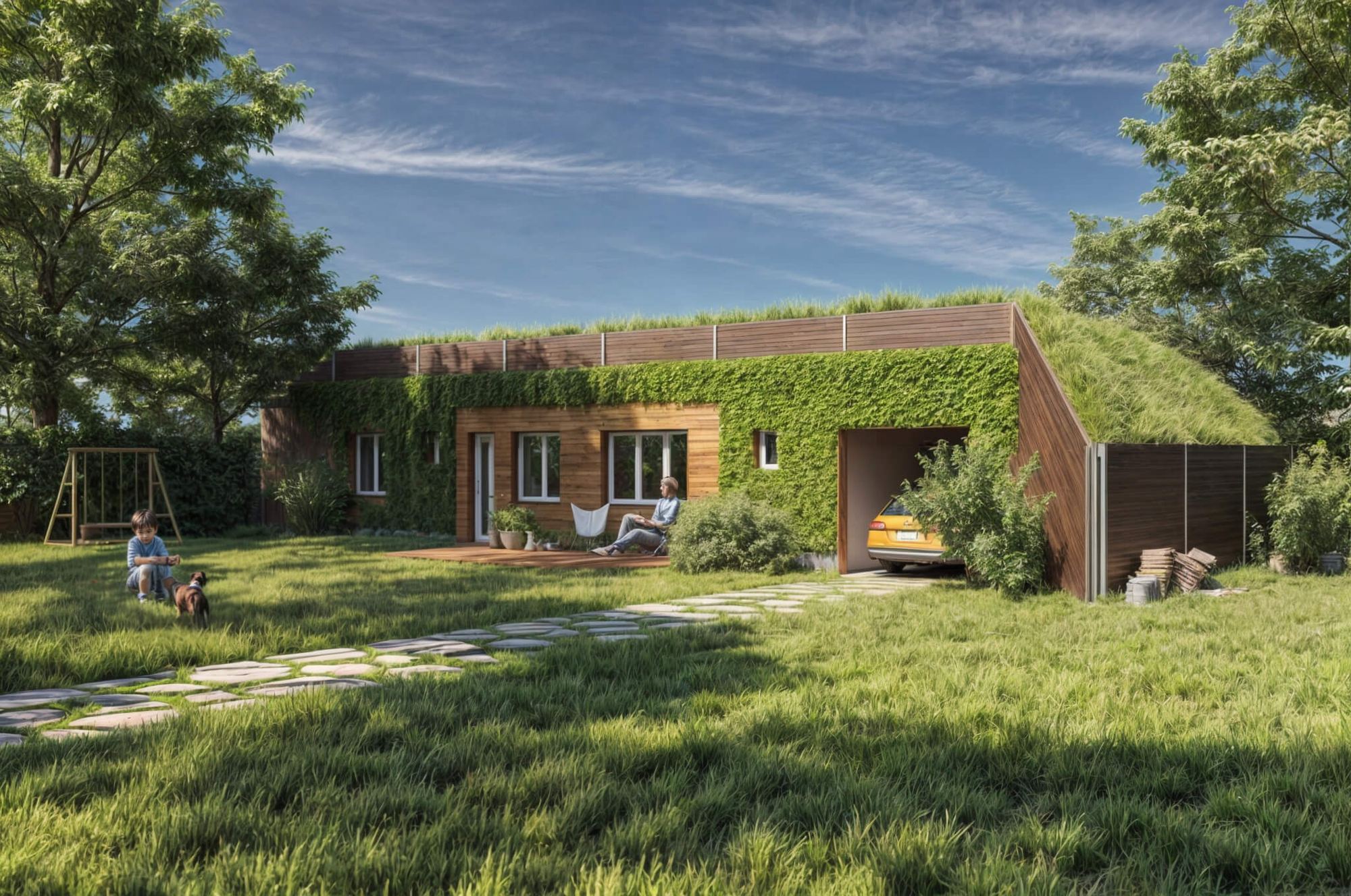 Ivy-clad earth-sheltered house Borcice with grass roof, deck, garage and yellow car, child and dog on lawn
