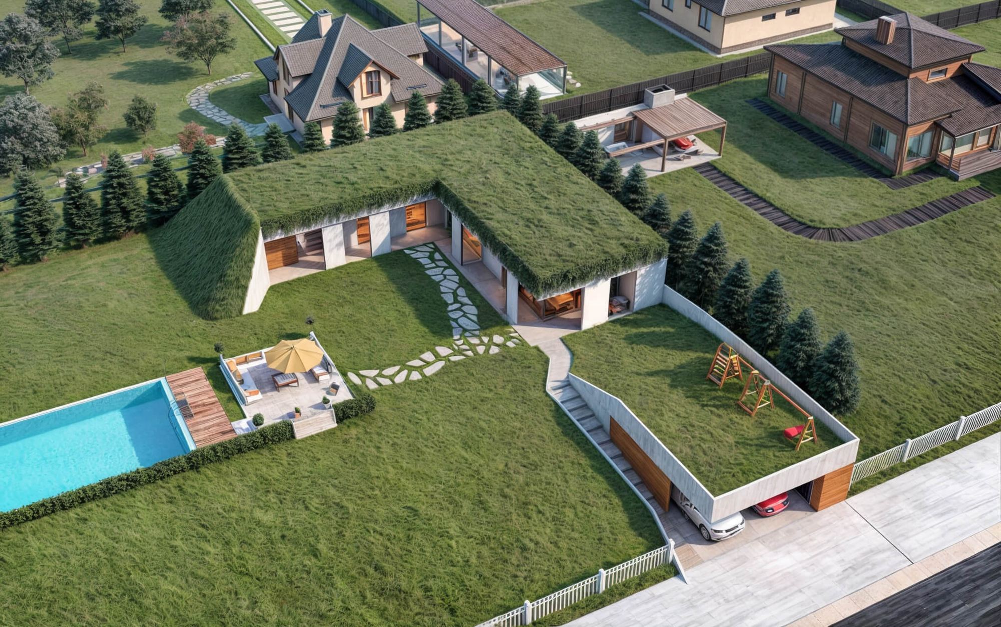 Aerial rendering of the L-shaped Zaborske earth-sheltered house, grass roof, steps down to a garage, two cars parked.
