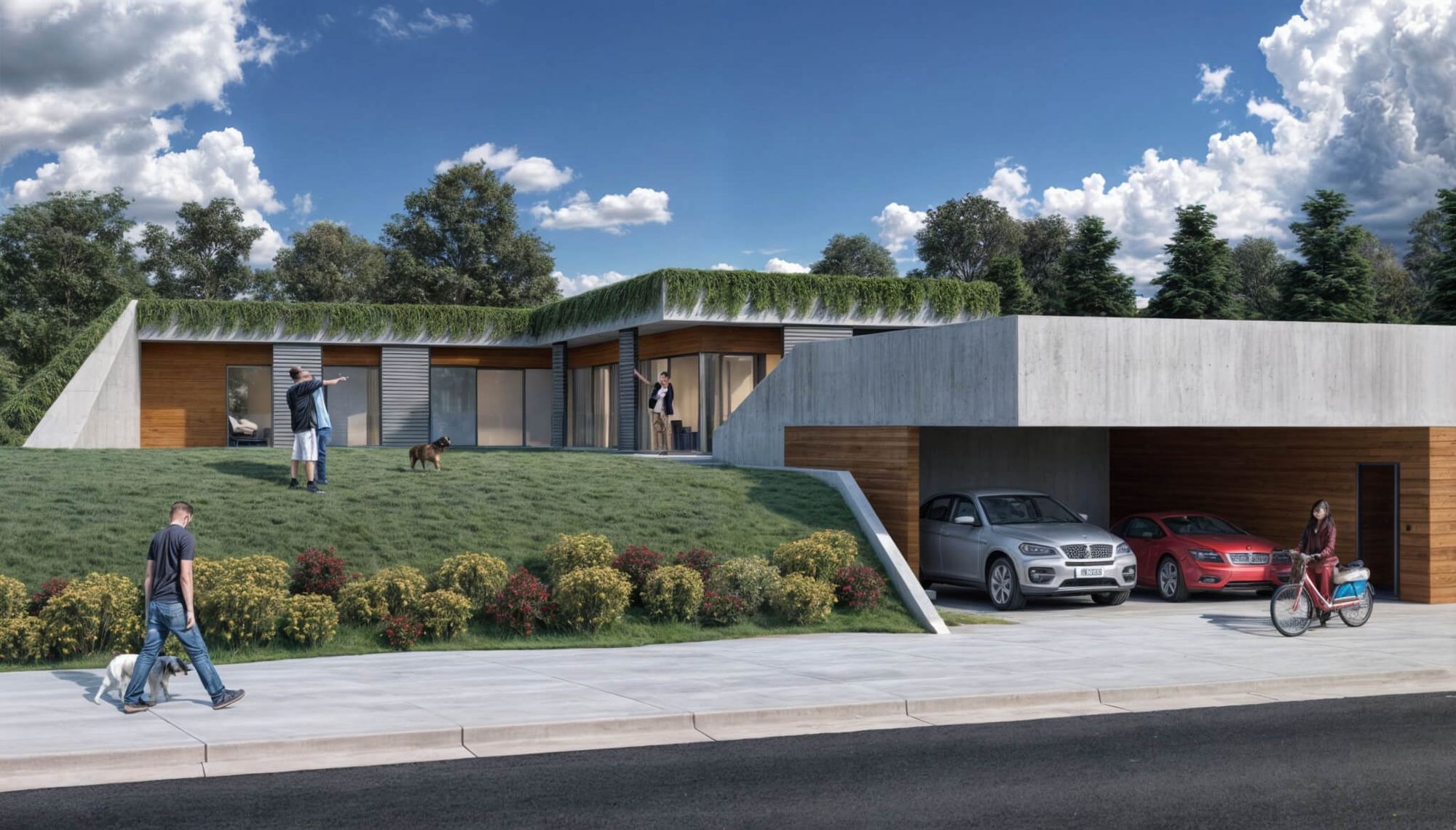 Rendering of the Zaborske earth-sheltered house with grassy sloped roof, glass front, carport with two cars and a path.